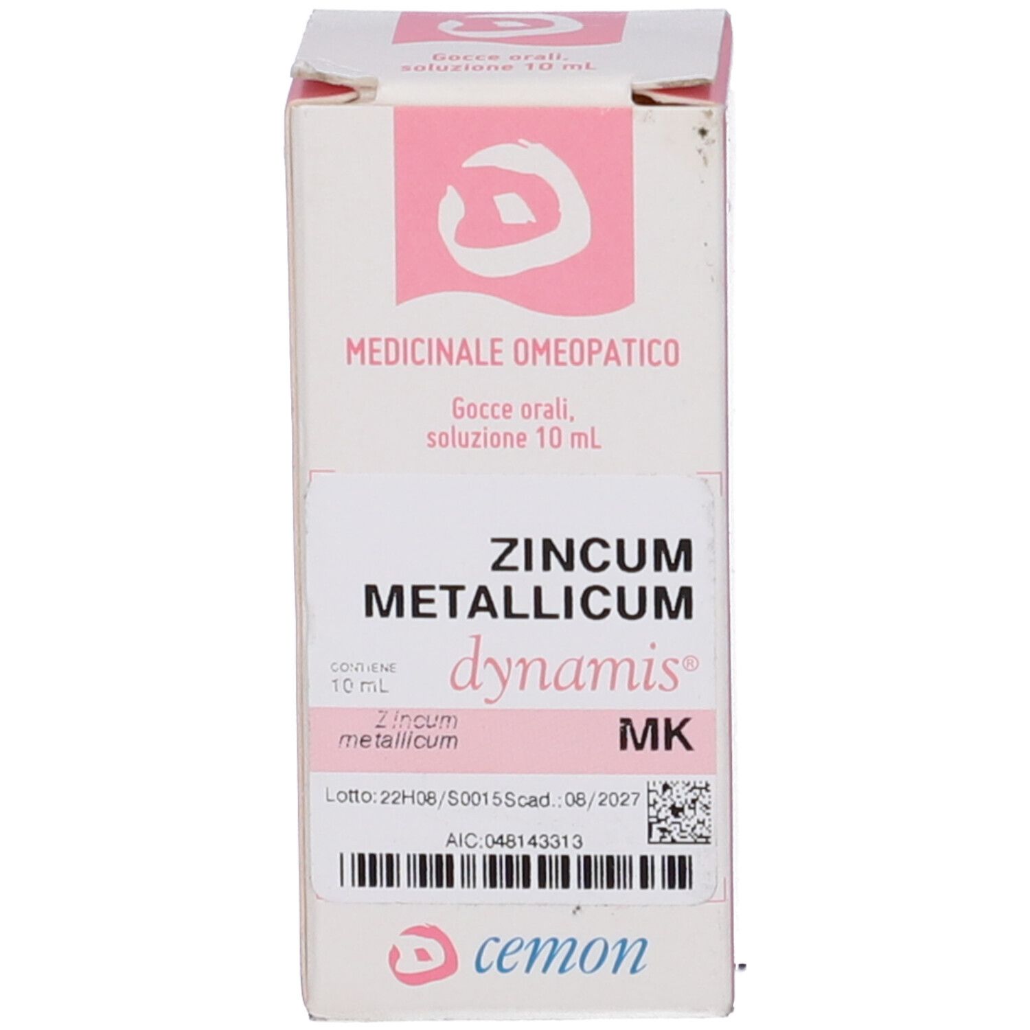 Scatola rosa e bianca con testo e logo. Sulla scatola è scritto "ZINCUM METALLICUM dynamis".