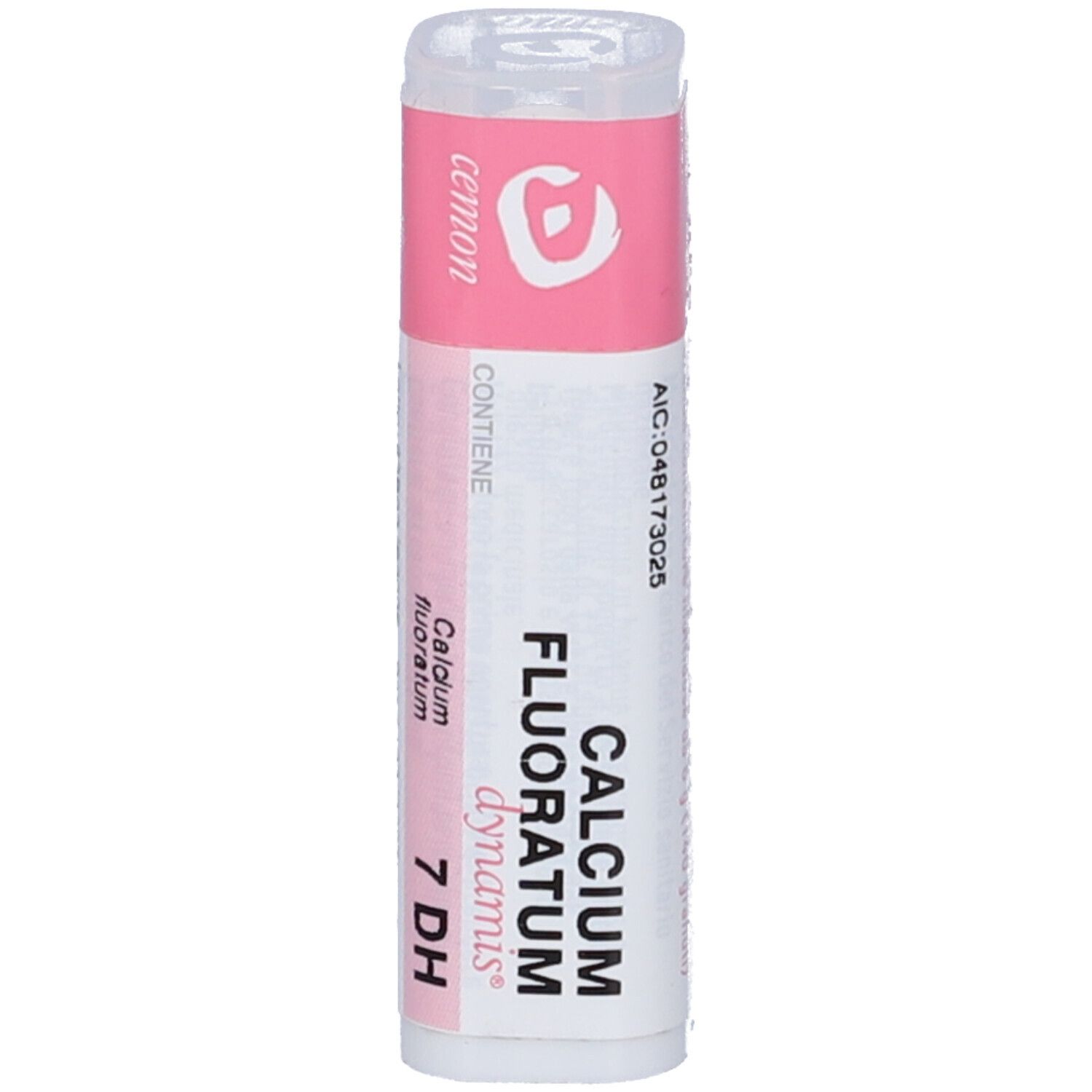 Flacone bianco con etichetta rosa. Scritta: Calcium Fluoratum, 7 DH, AIC: 048173025.