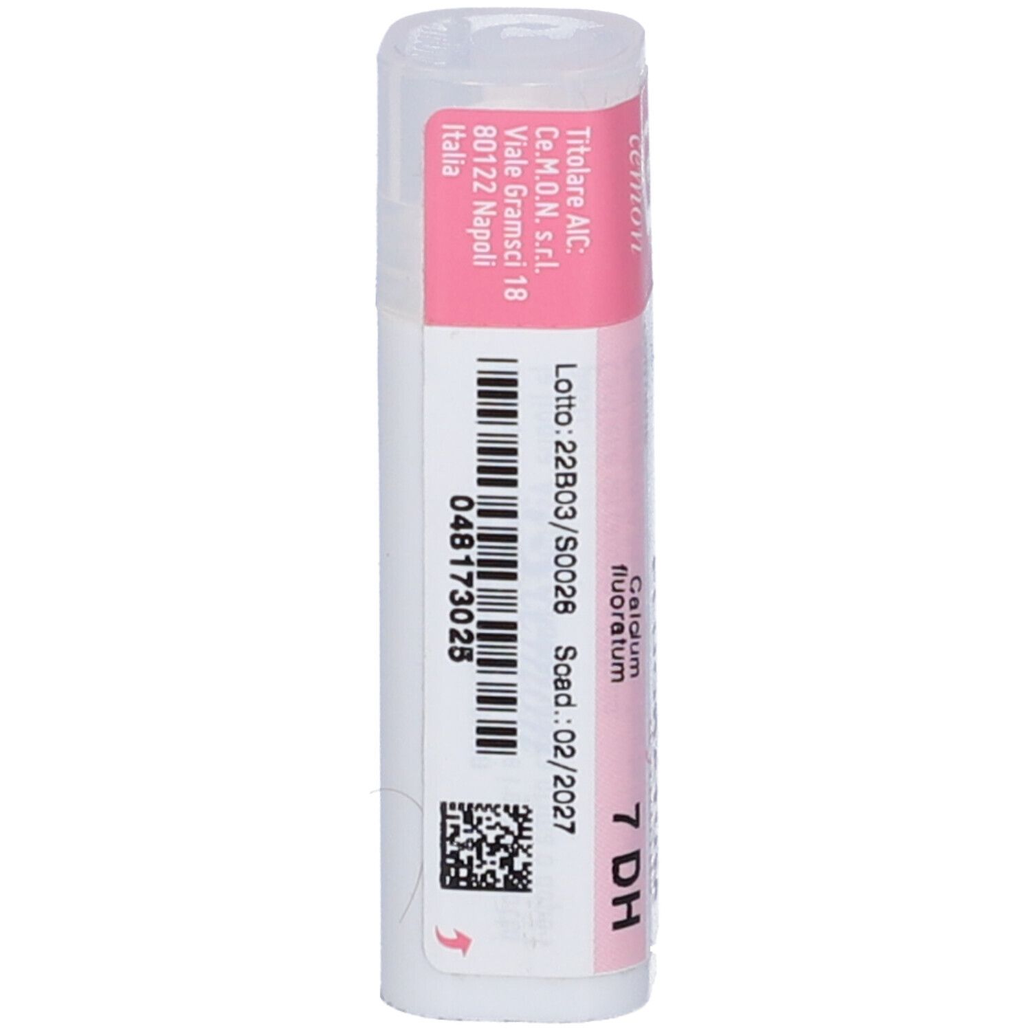 Flacone bianco con etichetta rosa. Scritta: Calcium Fluoratum, 7 DH, codice a barre, Scad.: 02/2027.