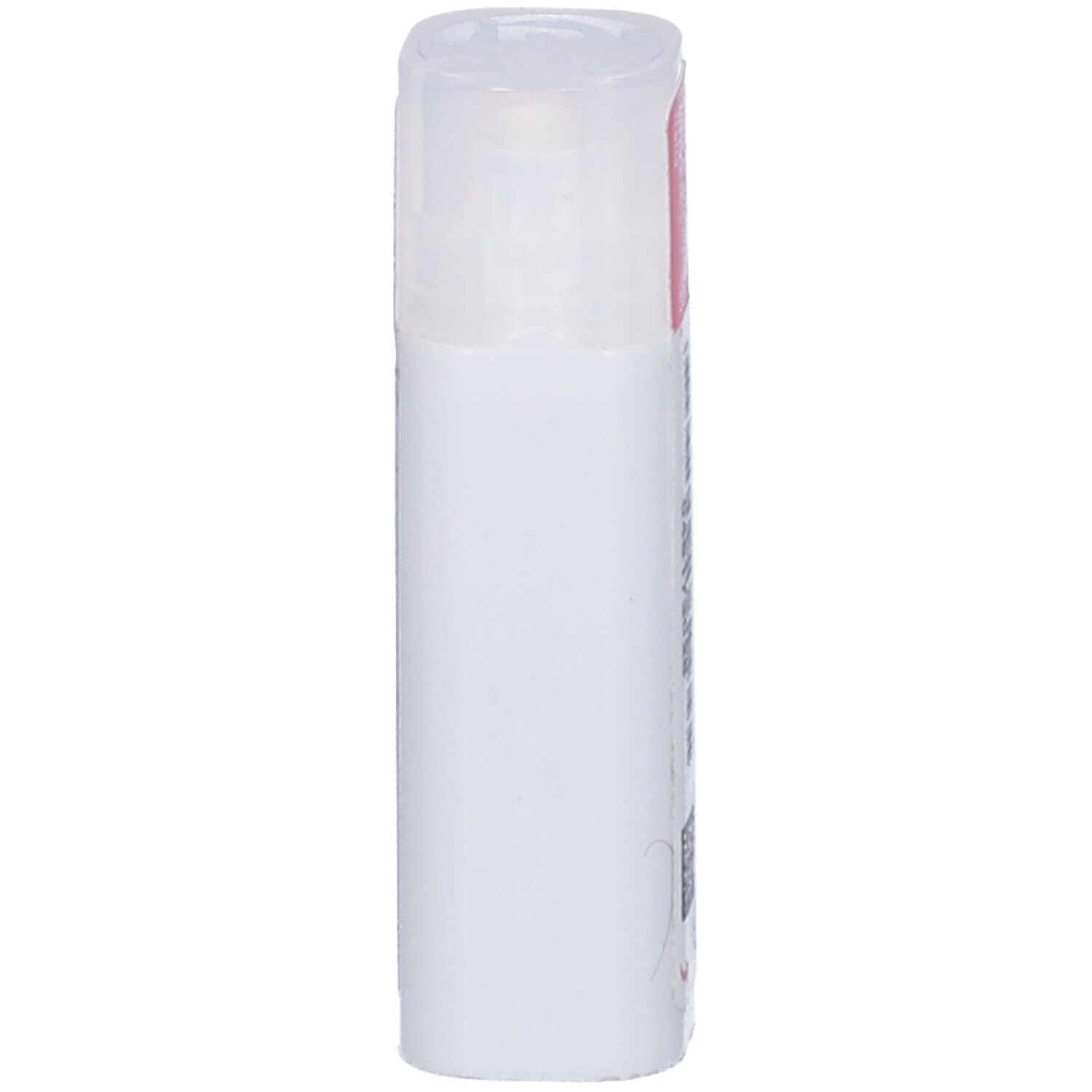 Flacone cilindrico bianco con coperchio trasparente.