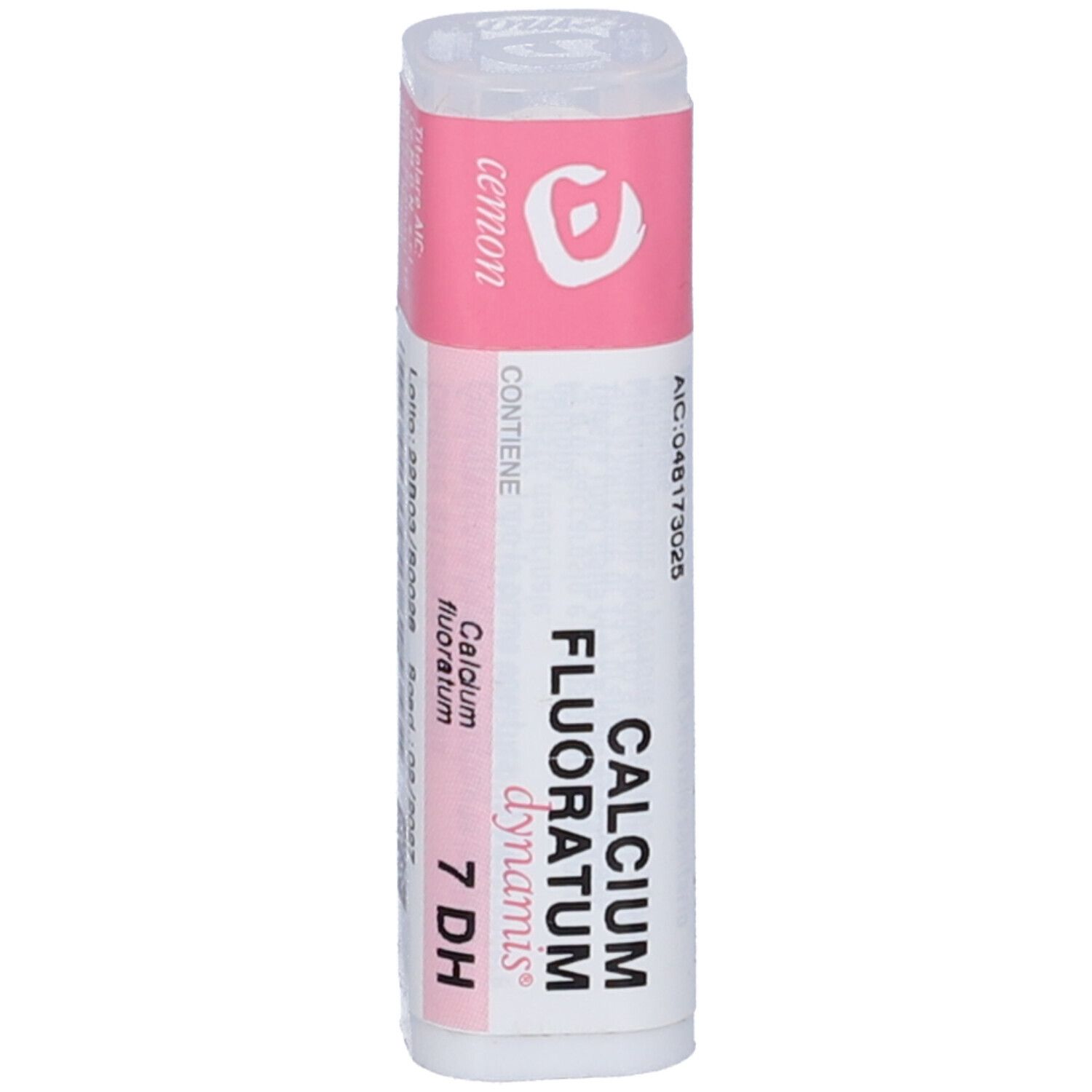 Flacone bianco con etichetta rosa. Scritta: Calcium Fluoratum, 7 DH, AIC: 048173025.
