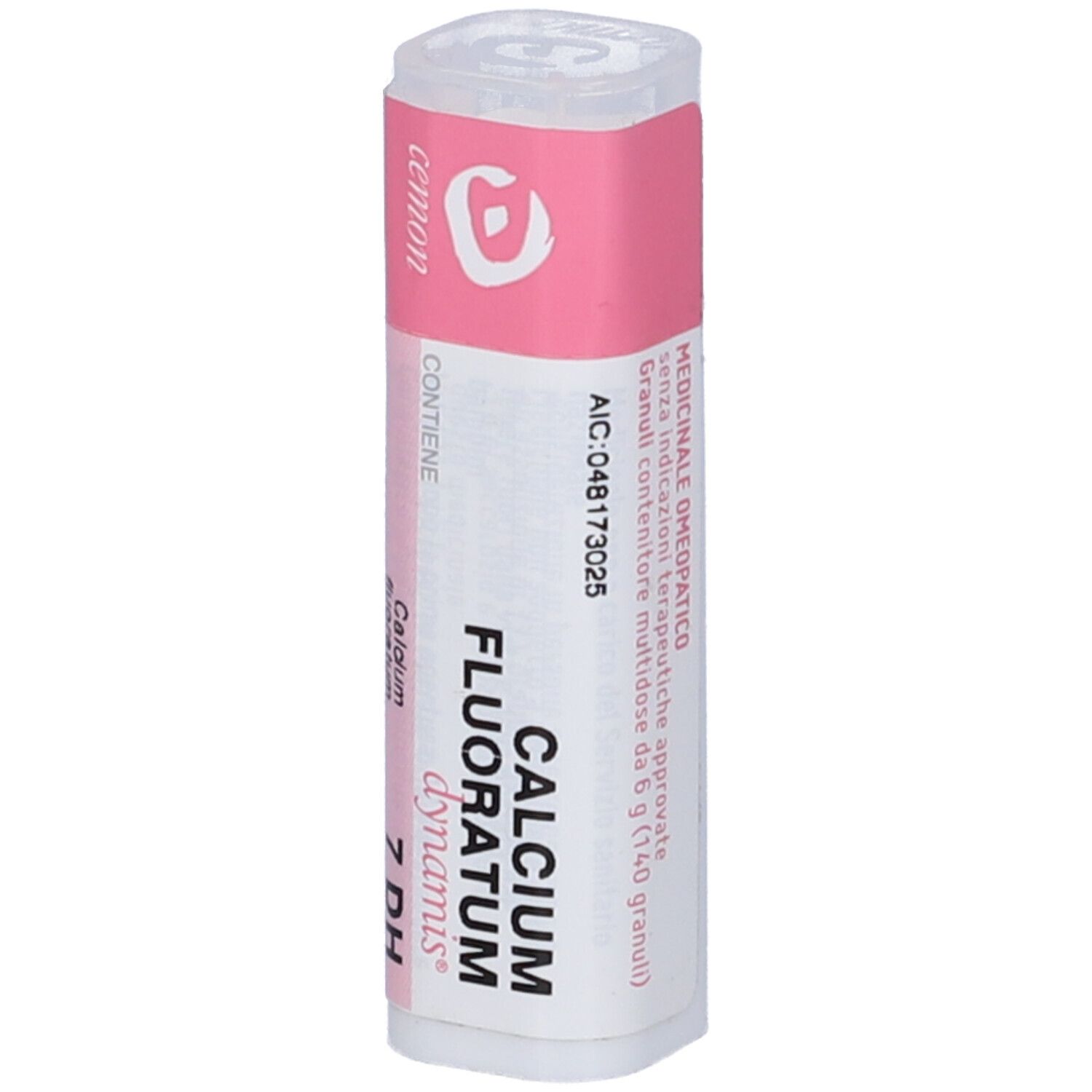 Flacone bianco con etichetta rosa. Scritta: Calcium Fluoratum, 7 DH, AIC: 048173025, Granuli.