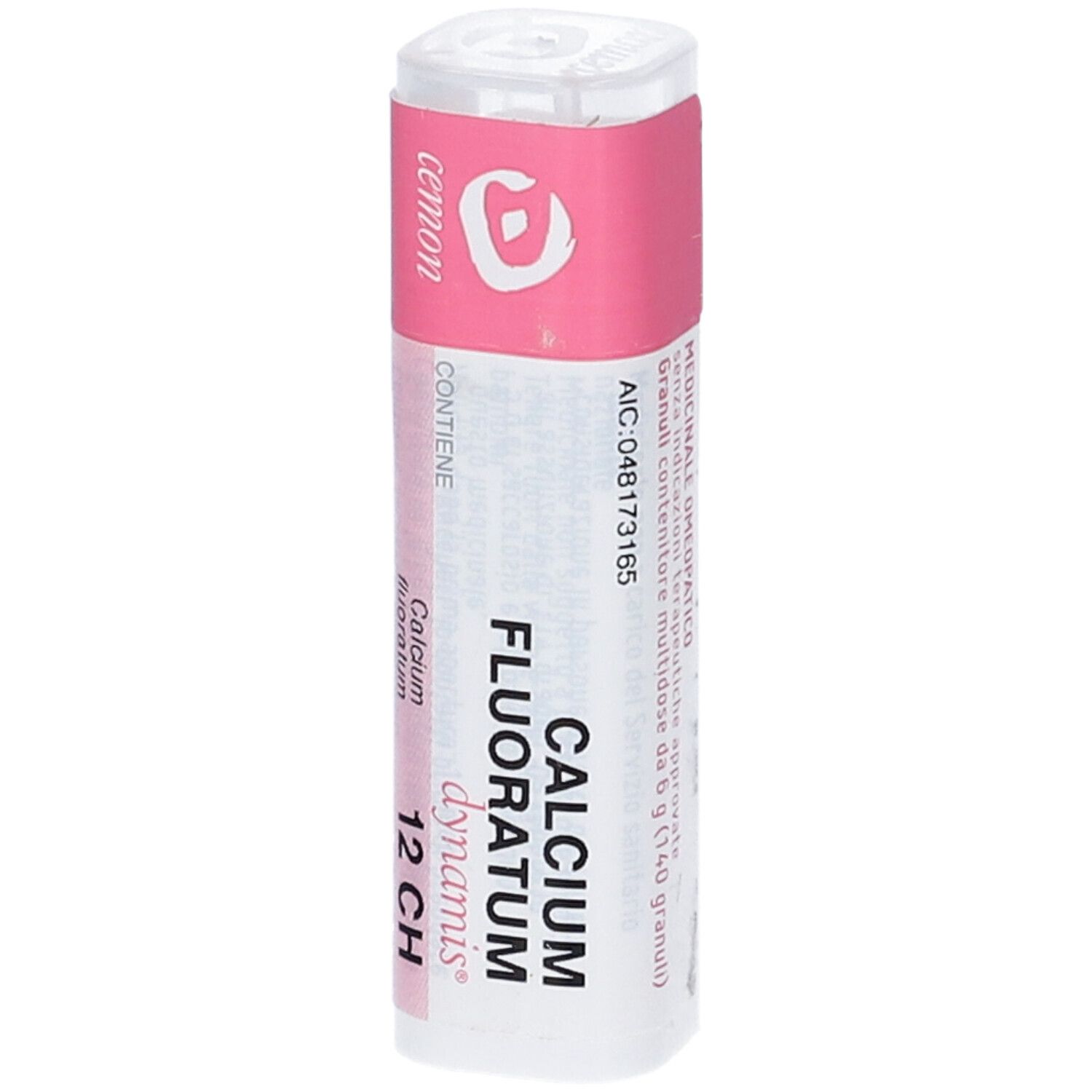 Confezione cilindrica con etichetta rosa e bianca. Testo: Calcium Fluoratum 12 CH.