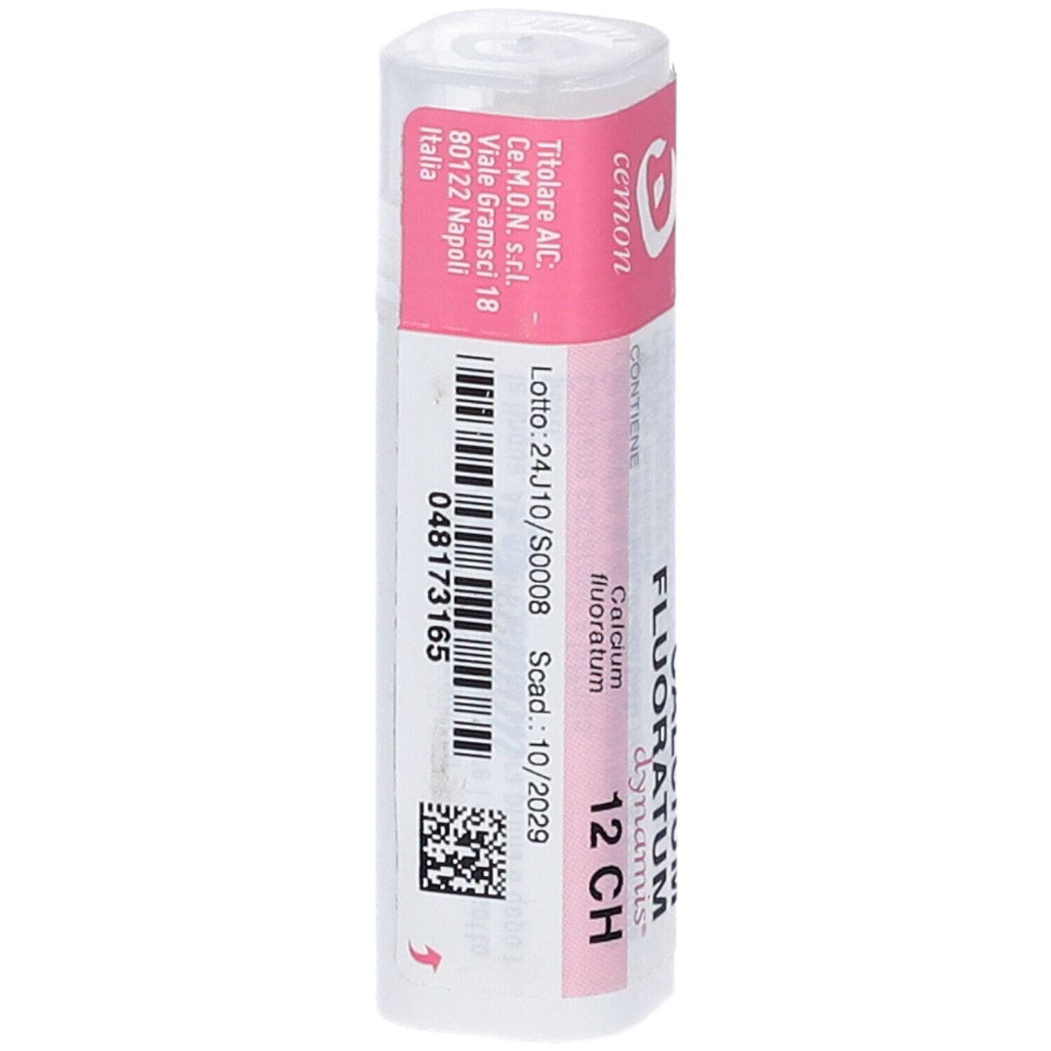 Confezione cilindrica con etichetta rosa e bianca. Testo: Calcium Fluoratum 12 CH, numero di lotto, scadenza.