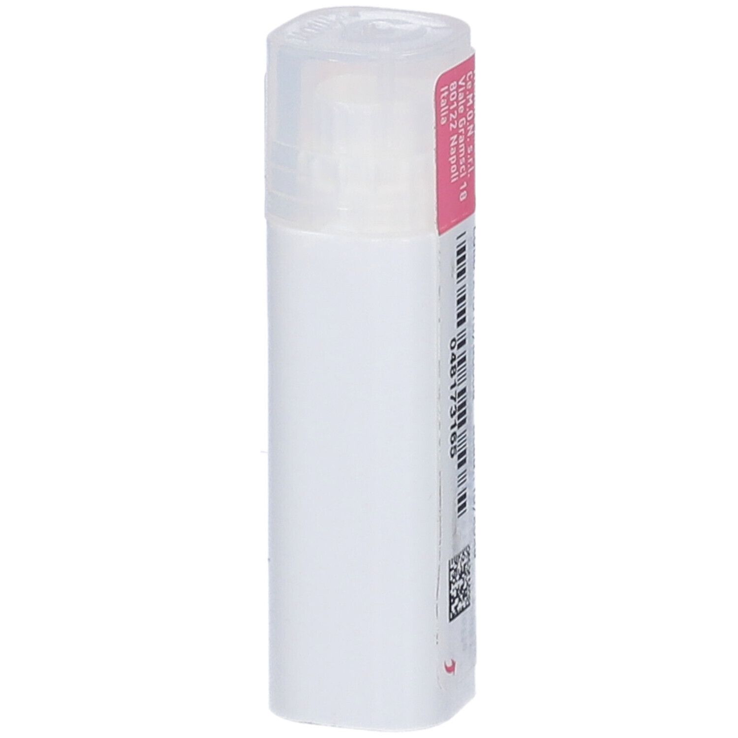 Confezione cilindrica, bianca con etichetta rosa. Stampa: Cemon, indirizzo.