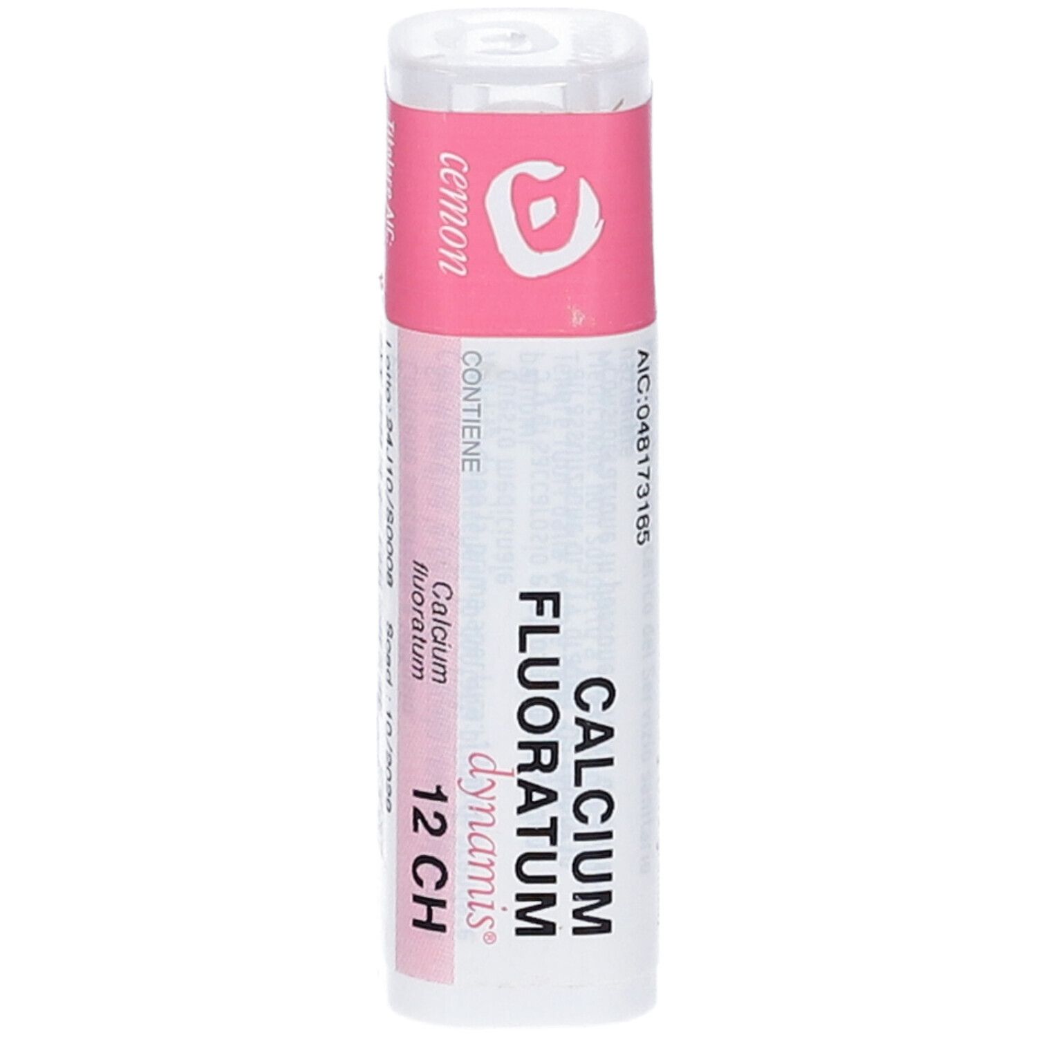 Confezione cilindrica con etichetta rosa e bianca. Testo: Calcium Fluoratum 12 CH.