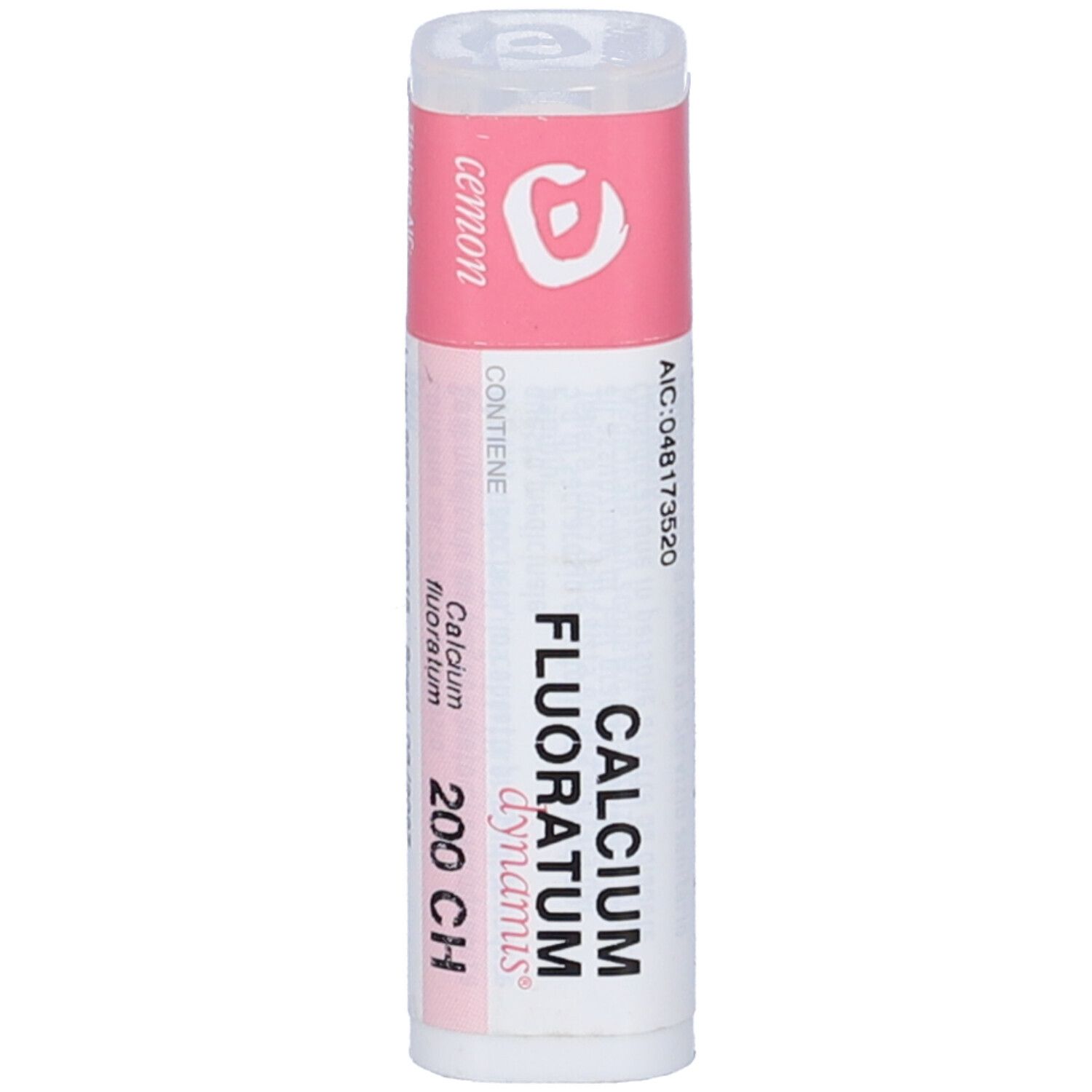 Confezione cilindrica con etichetta rosa. Scritte: CALCIUM FLUORATUM dynamis 200 CH. Coperchio bianco.
