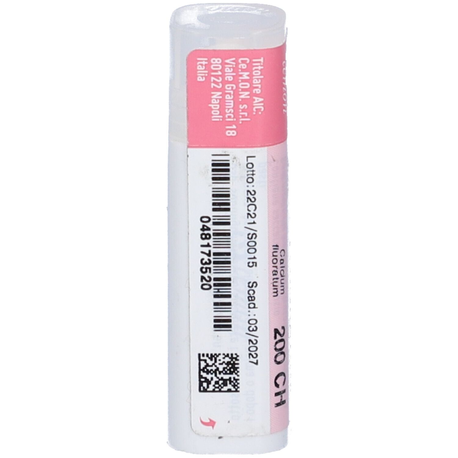 Confezione cilindrica con etichetta rosa. Scritte: CALCIUM FLUORATUM dynamis 200 CH. Codice a barre e scadenza.
