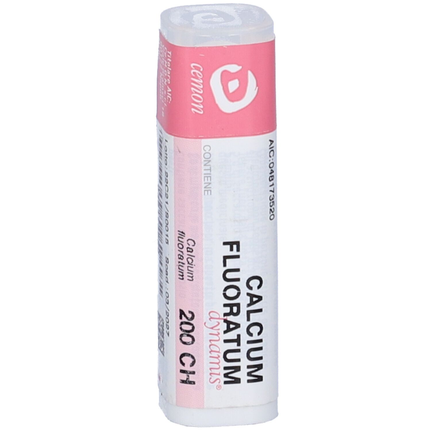 Confezione cilindrica con etichetta rosa. Scritte: CALCIUM FLUORATUM dynamis 200 CH. Scadenza.