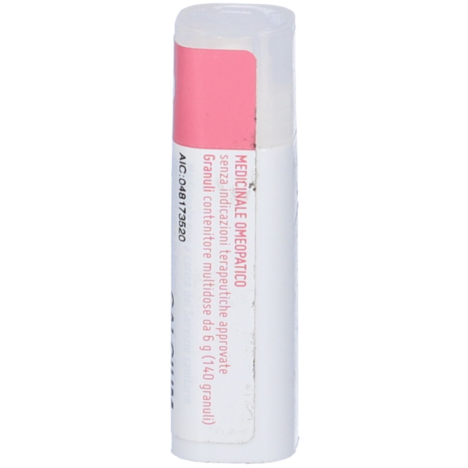 Confezione cilindrica con etichetta rosa. Scritte: Medicinale omeopatico. Granuli.