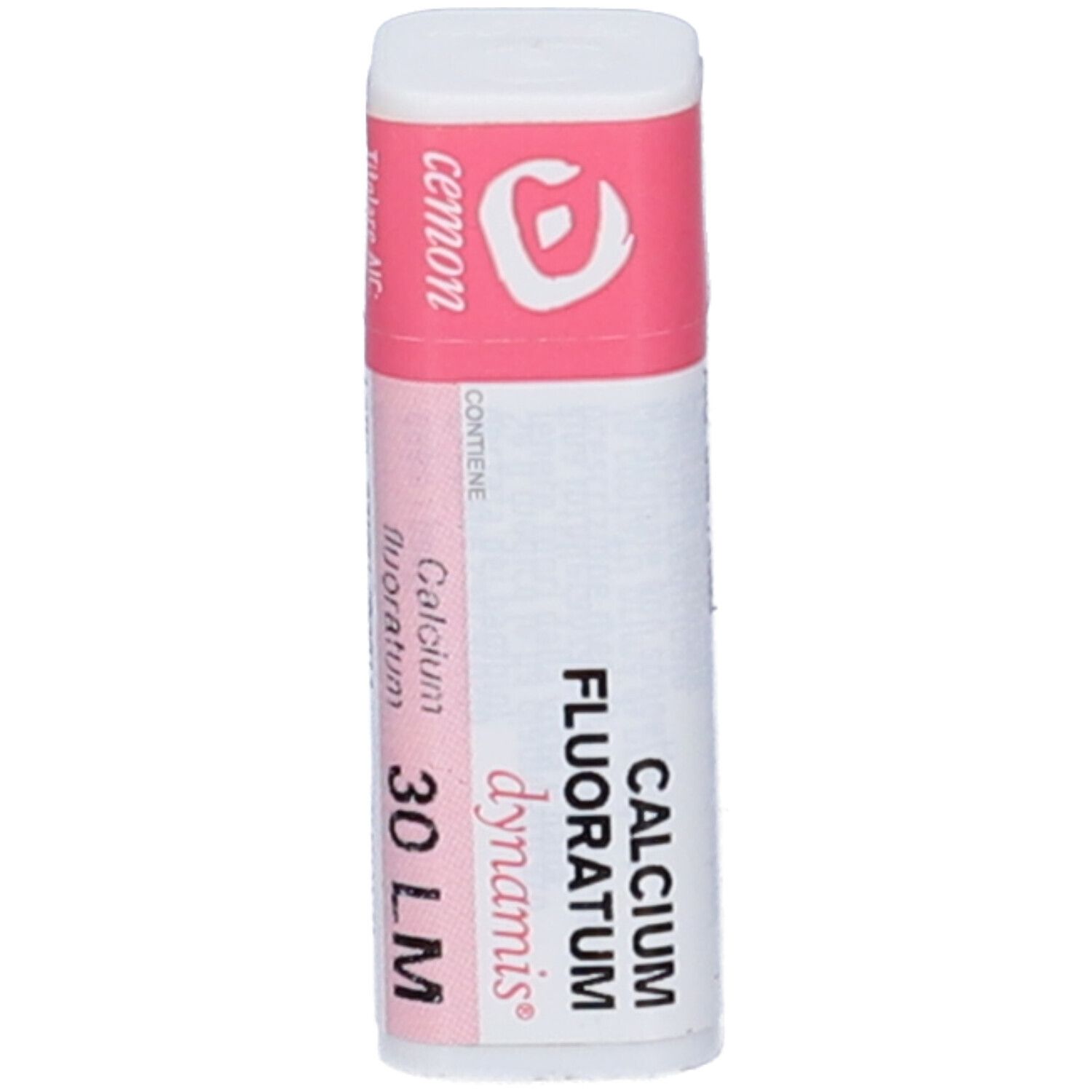 Flacone cilindrico con fascia rosa. Scritte: Calcium Fluoratum, 30 LM.