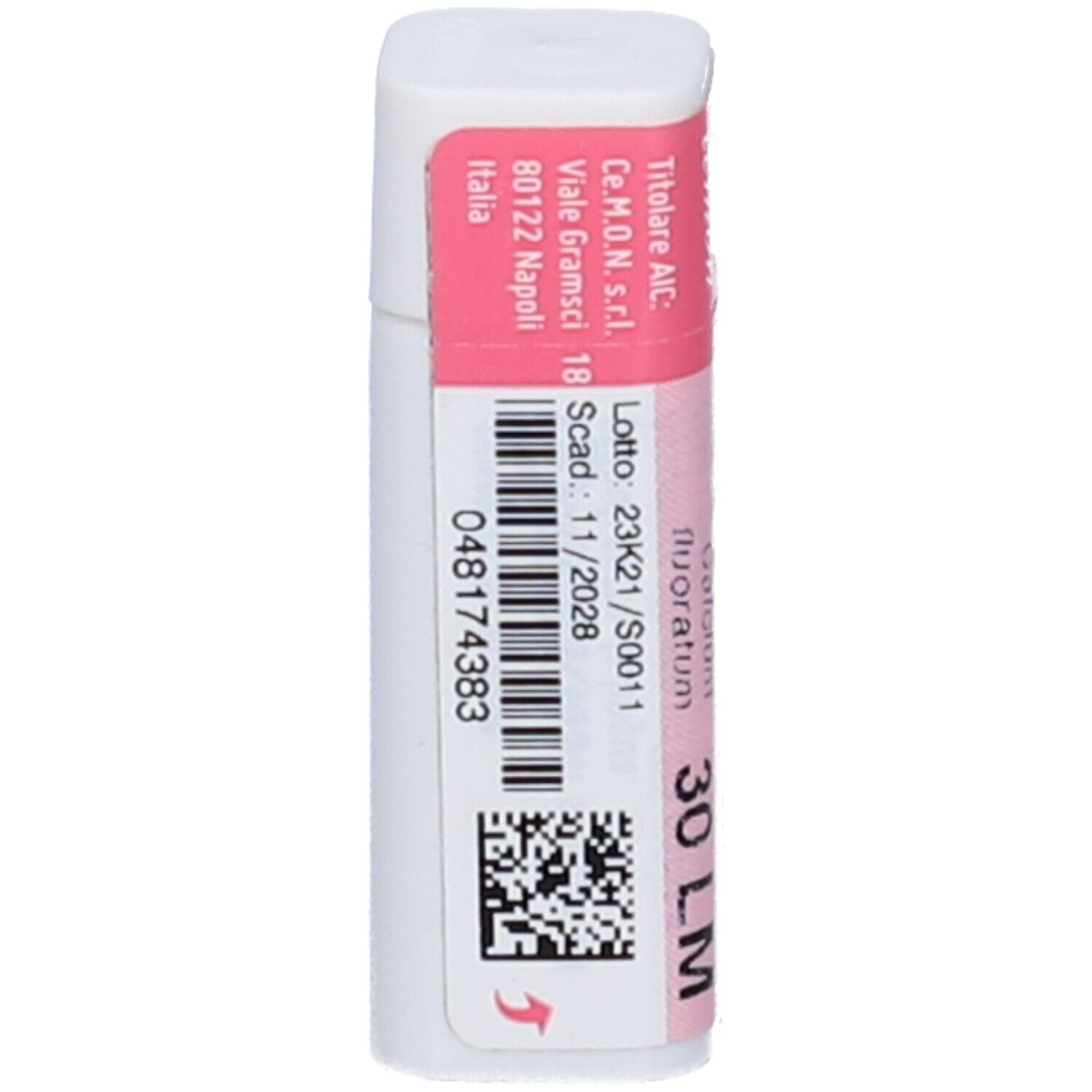 Flacone cilindrico con fascia rosa. Scritte: Calcium Fluoratum, 30 LM, numero di lotto.