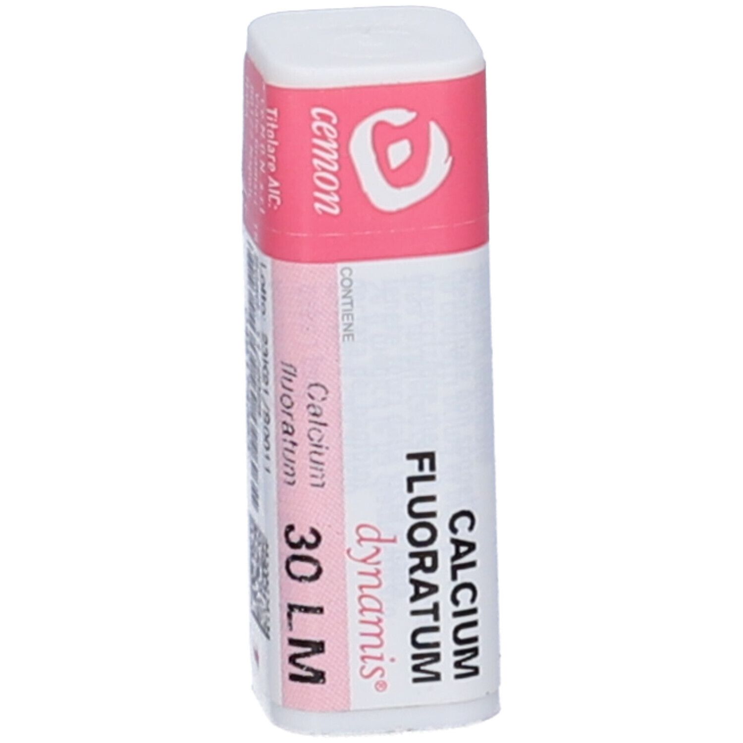 Flacone cilindrico con fascia rosa. Scritte: Calcium Fluoratum, 30 LM.