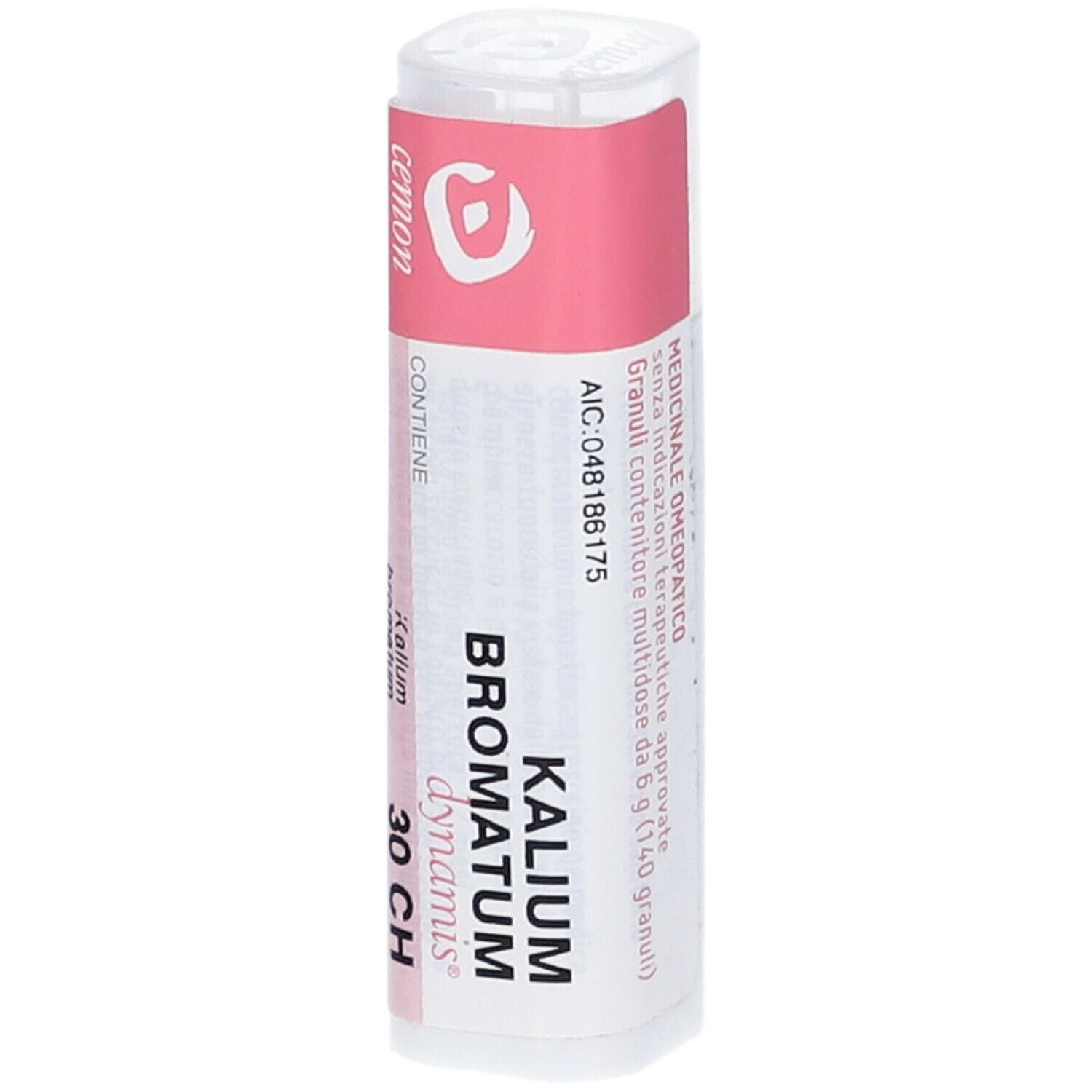 Confezione cilindrica con etichetta rosa. Scritte: Kalium Bromatum dynamis 30 CH. Codice AIC: 048186175.