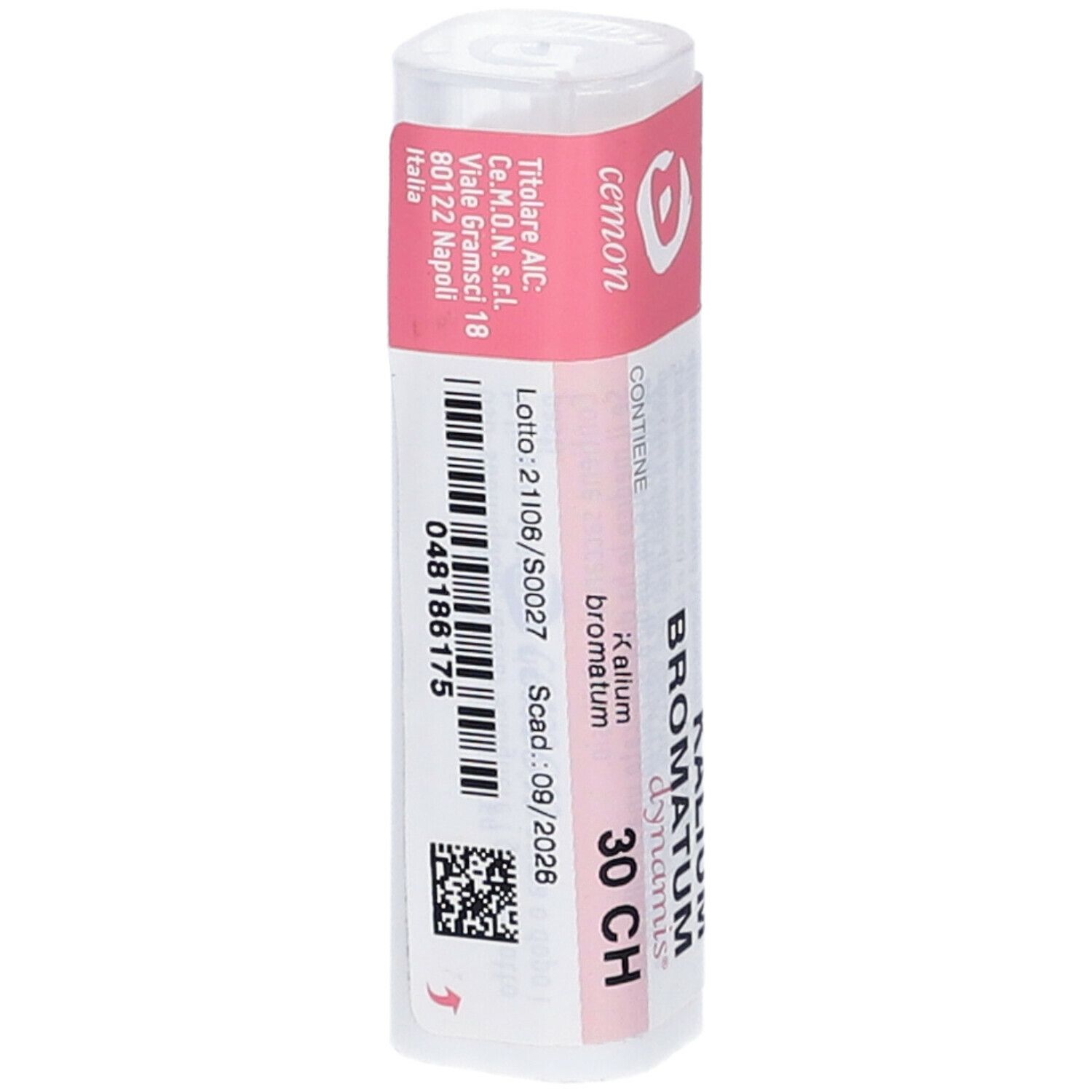 Confezione cilindrica con etichetta rosa. Scritte: Kalium Bromatum dynamis 30 CH. Dettagli di produzione e scadenza.