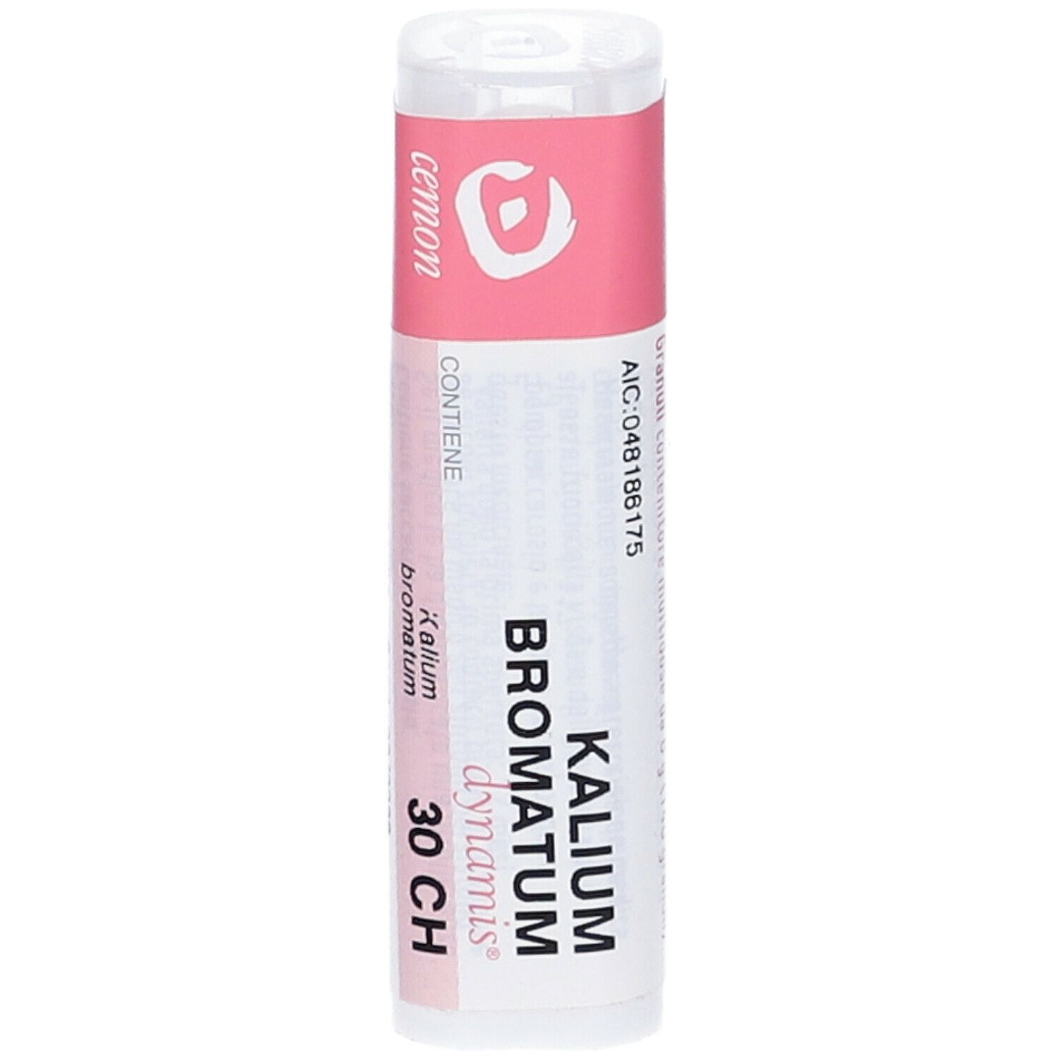 Confezione cilindrica con etichetta rosa. Scritte: Kalium Bromatum dynamis 30 CH. Codice AIC: 048186175.