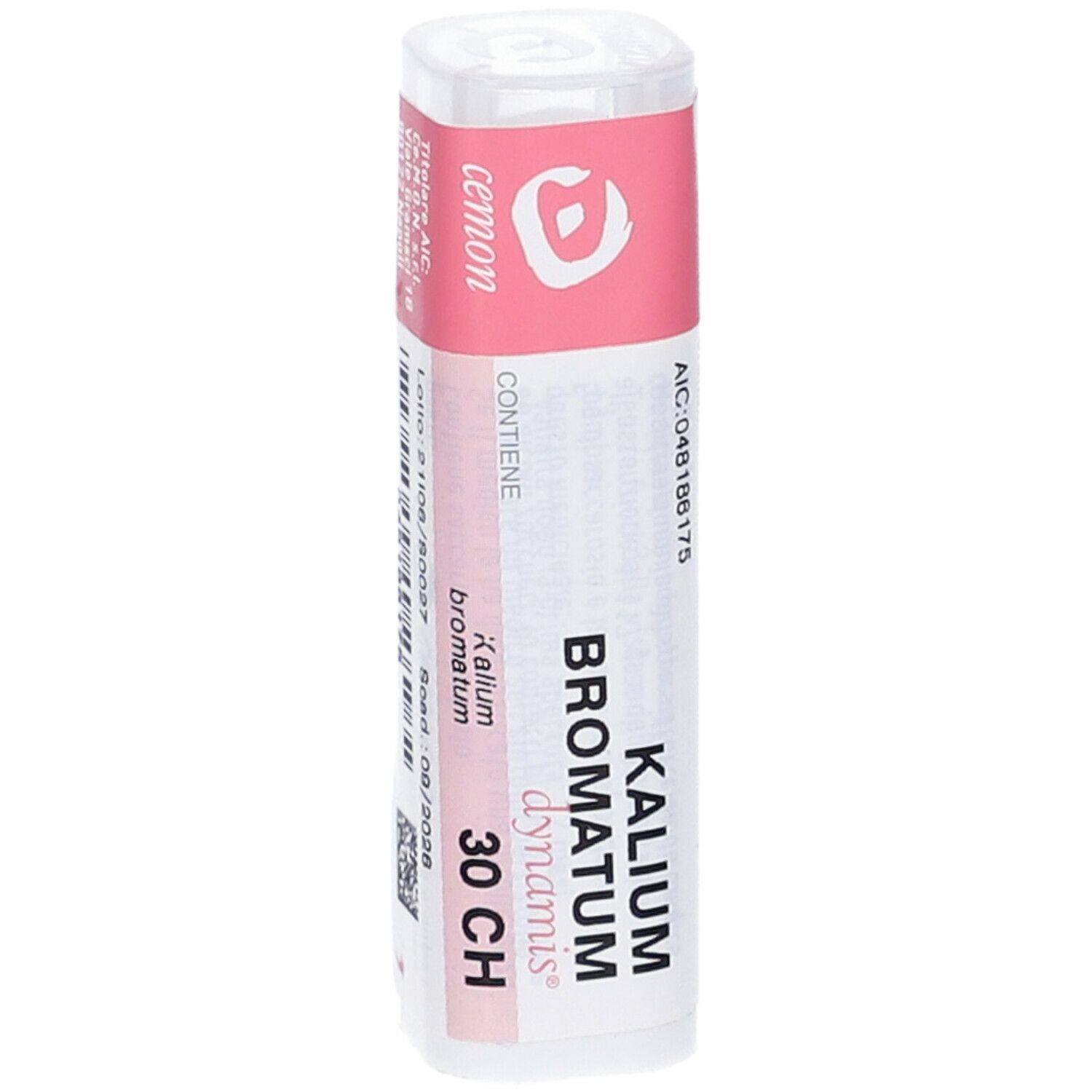 Confezione cilindrica con etichetta rosa. Scritte: Kalium Bromatum dynamis 30 CH. Dettagli di produzione e scadenza.