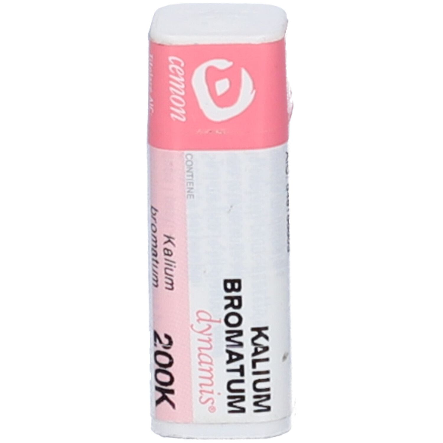 Flacone cilindrico con fascia rosa. Scritte: cemon, Kalium Bromatum, 200K, dynamis.