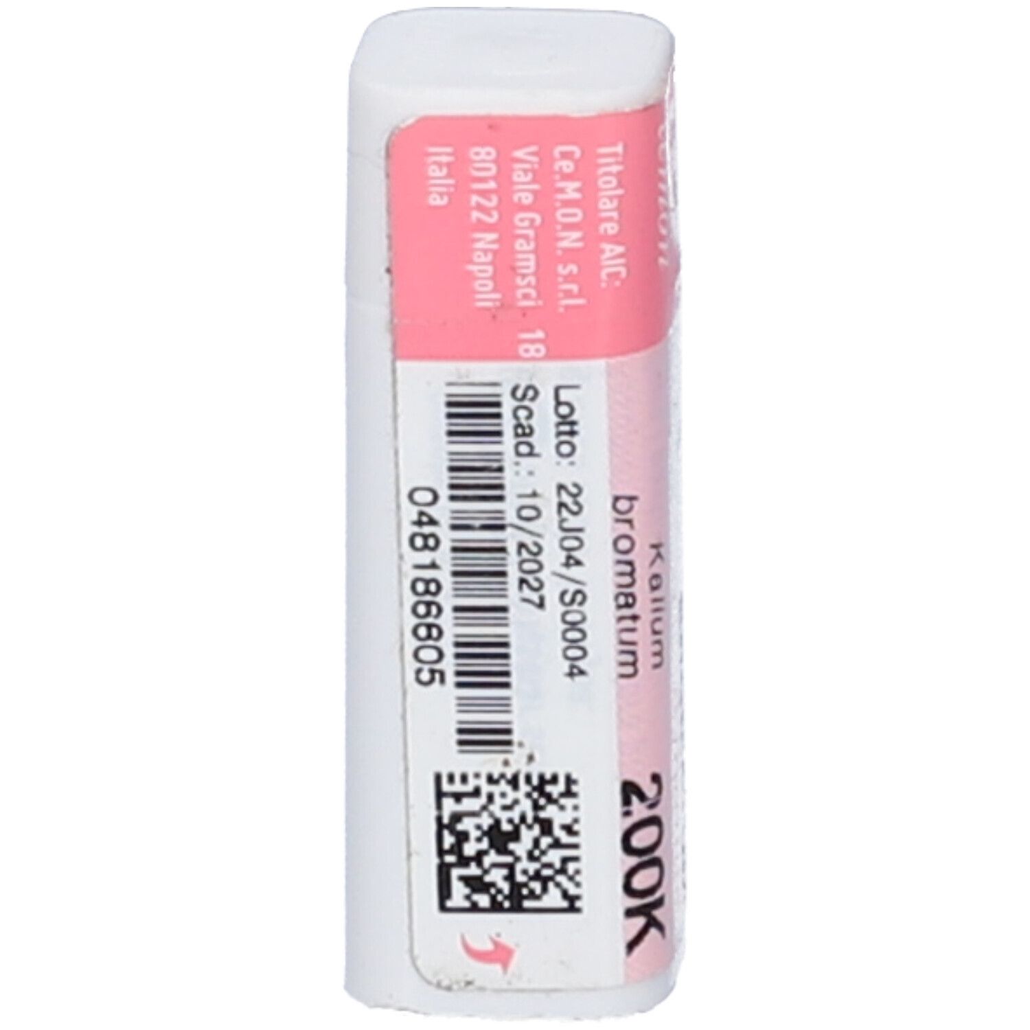 Flacone cilindrico con fascia rosa. Scritte: cemon, Kalium Bromatum, 200K, dynamis. Codice a barre.