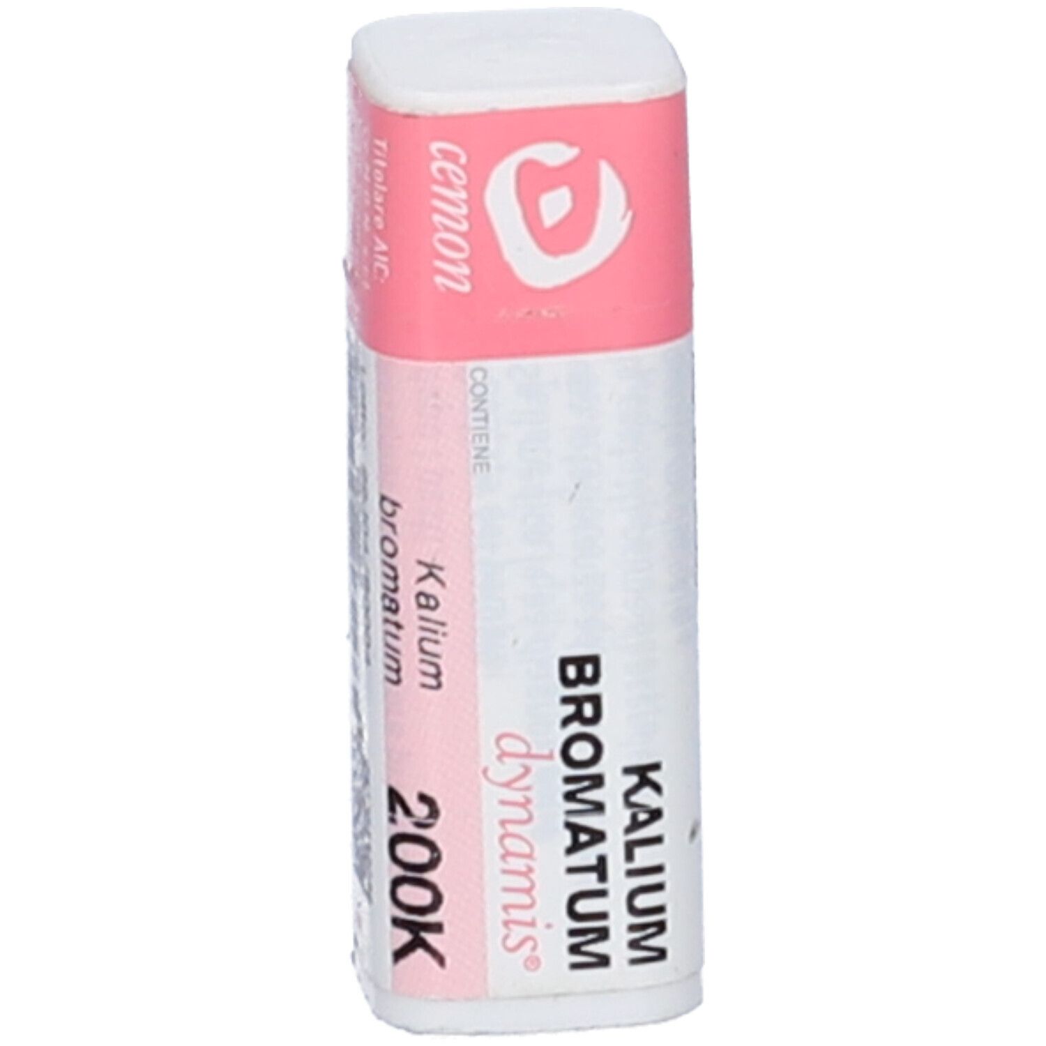 Flacone cilindrico con fascia rosa. Scritte: cemon, Kalium Bromatum, 200K, dynamis.
