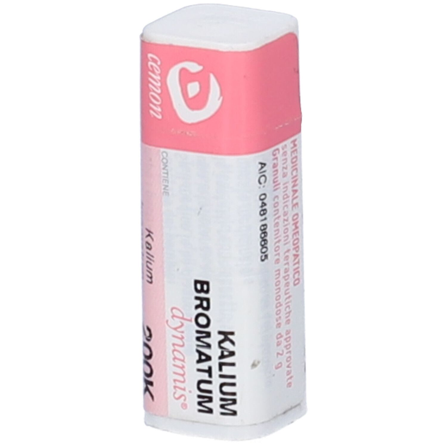 Flacone cilindrico con fascia rosa. Scritte: cemon, Kalium Bromatum, 200K, dynamis.