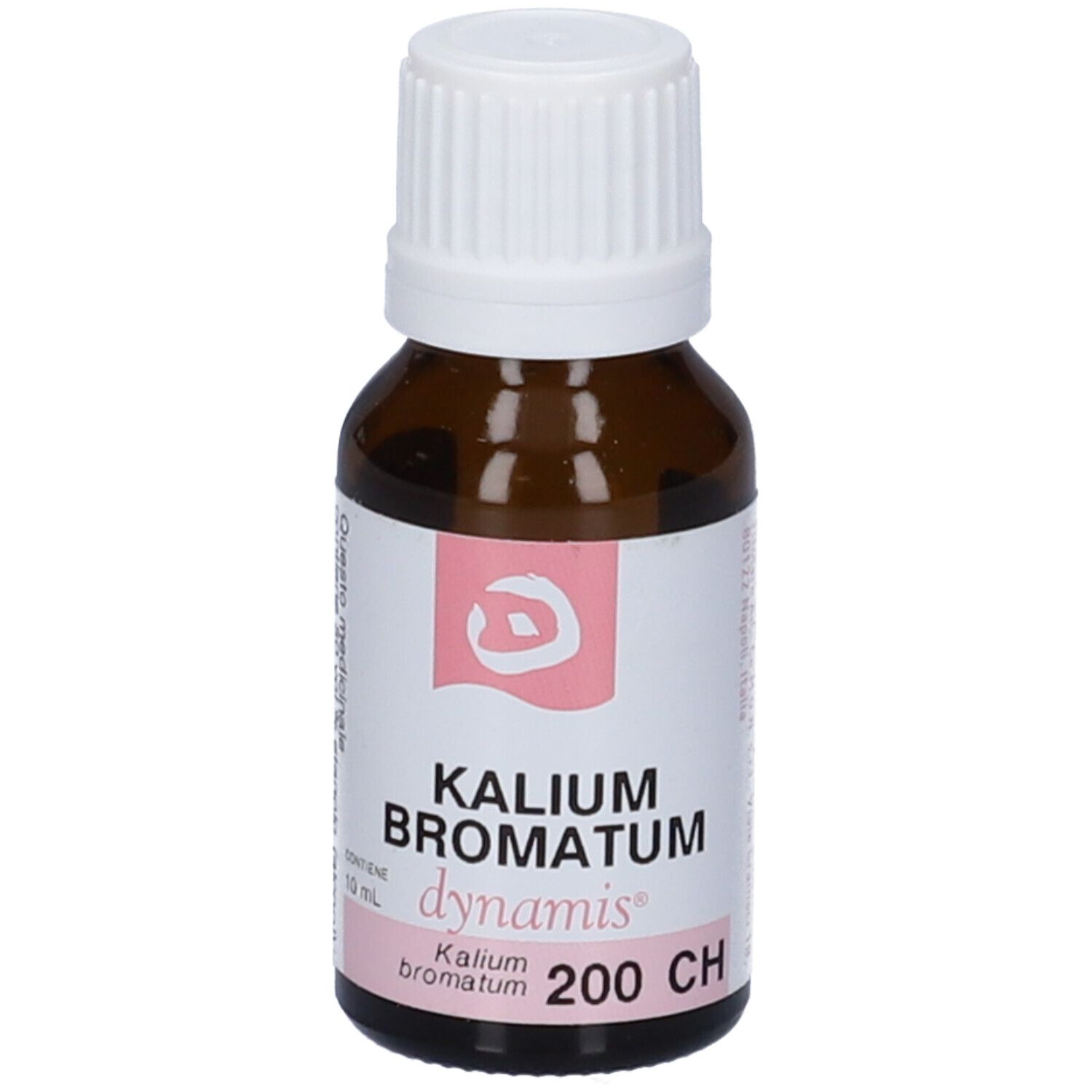 Flacone di vetro marrone con tappo bianco ed etichetta rosa. Scritta: Kalium Bromatum, dynamis, 200 CH.