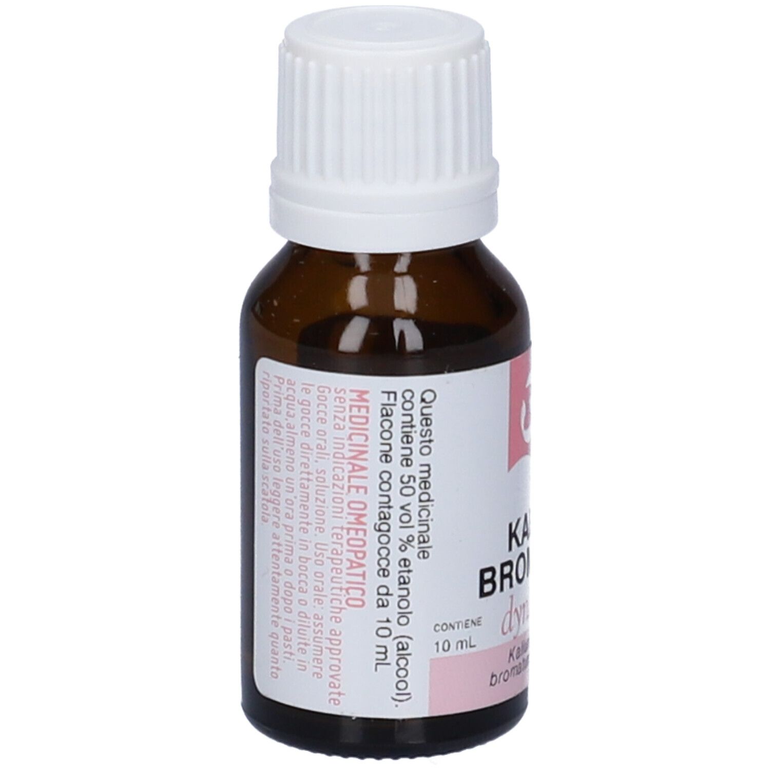 Flacone di vetro marrone con tappo bianco ed etichetta rosa. Scritta: Kalium Bromatum, dynamis, 200 CH. Testo in italiano.