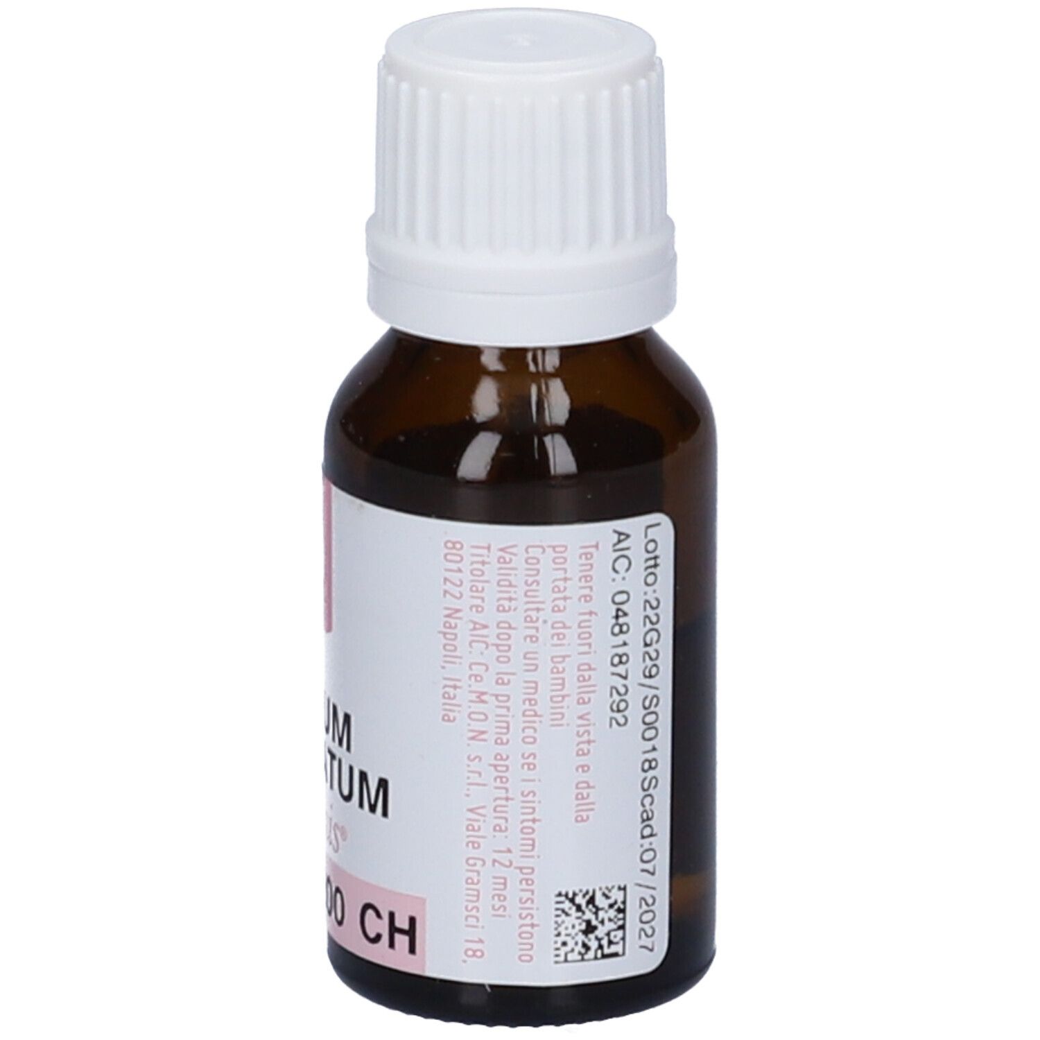 Flacone di vetro marrone con tappo bianco ed etichetta rosa. Scritta: Kalium Bromatum, dynamis, 200 CH. Testo in italiano.