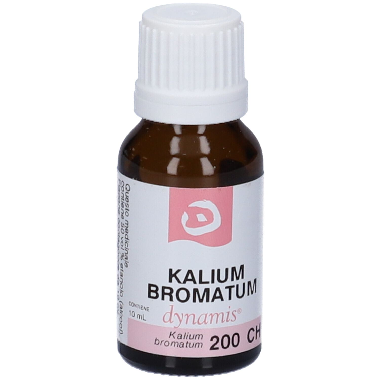 Flacone di vetro marrone con tappo bianco ed etichetta rosa. Scritta: Kalium Bromatum, dynamis, 200 CH. Testo in italiano.
