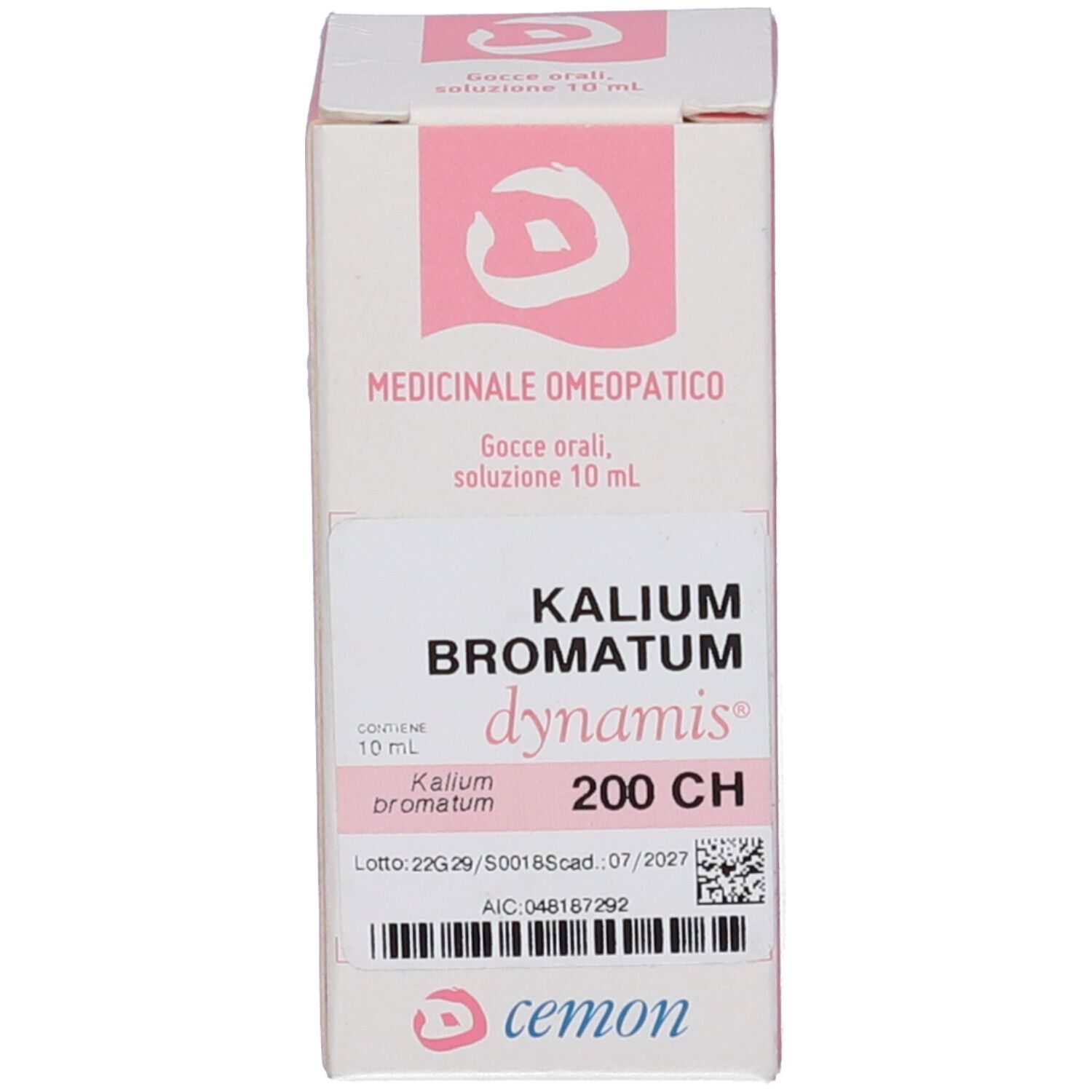 Scatola rosa e bianca. Scritta: Kalium Bromatum, dynamis, 200 CH. Marchio Cemon.