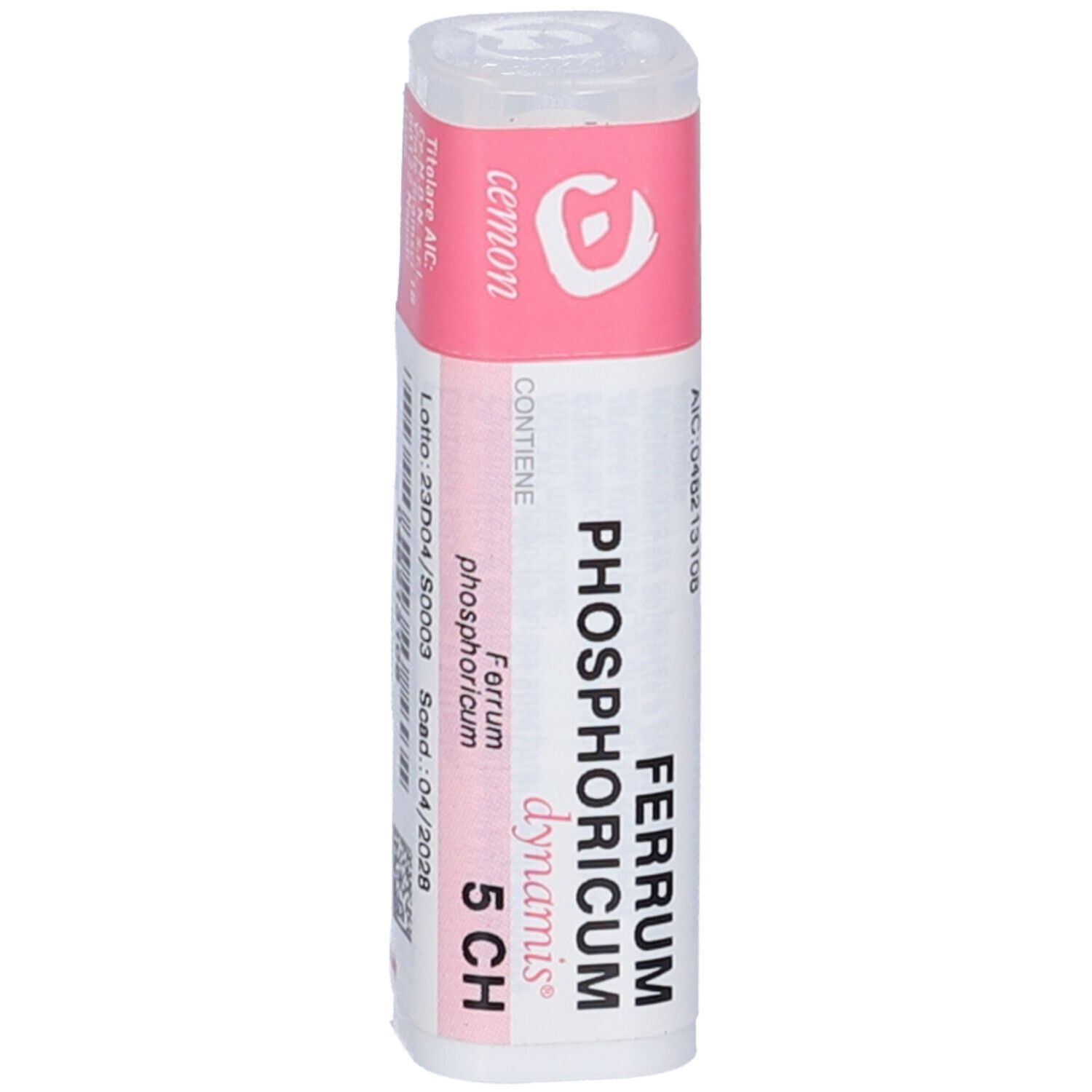 Confezione multidose cilindrica. Etichette rosa e bianche con nome prodotto e 5 CH. Coperchio con logo.