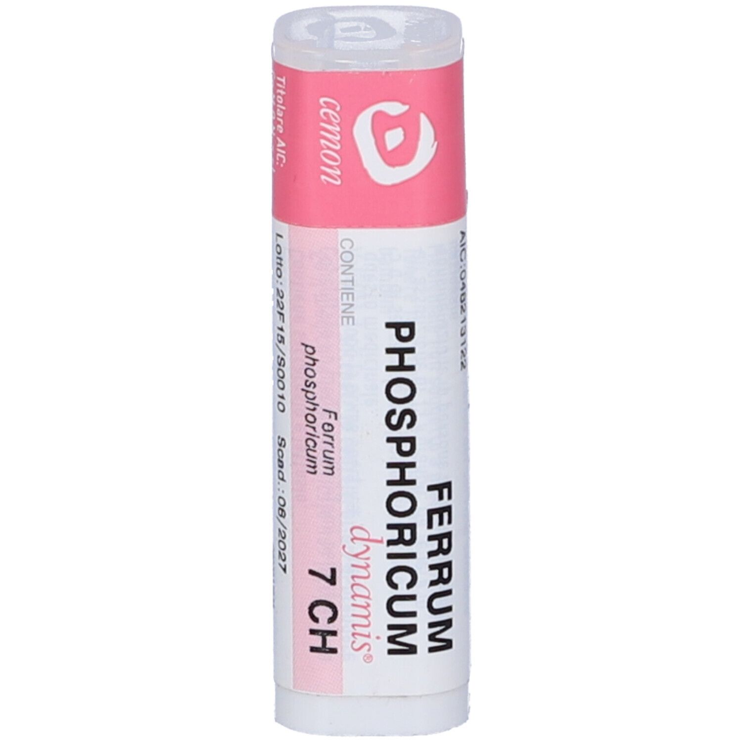 Confezione cilindrica con etichette rosa e bianche. Scritta: Ferrum Phosphoricum 7 CH.