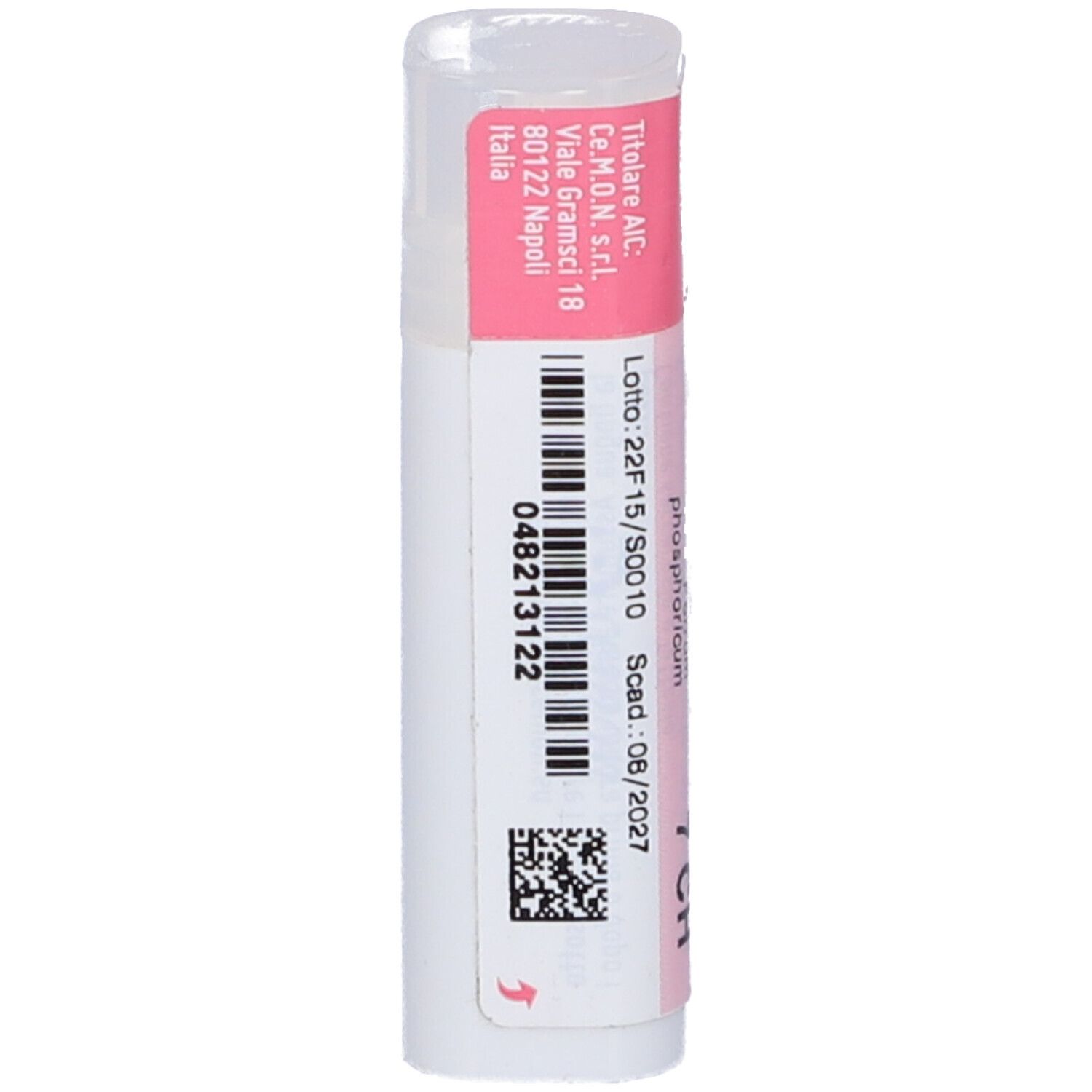 Confezione cilindrica con etichette rosa e bianche. Codice a barre e numero di lotto visibili.