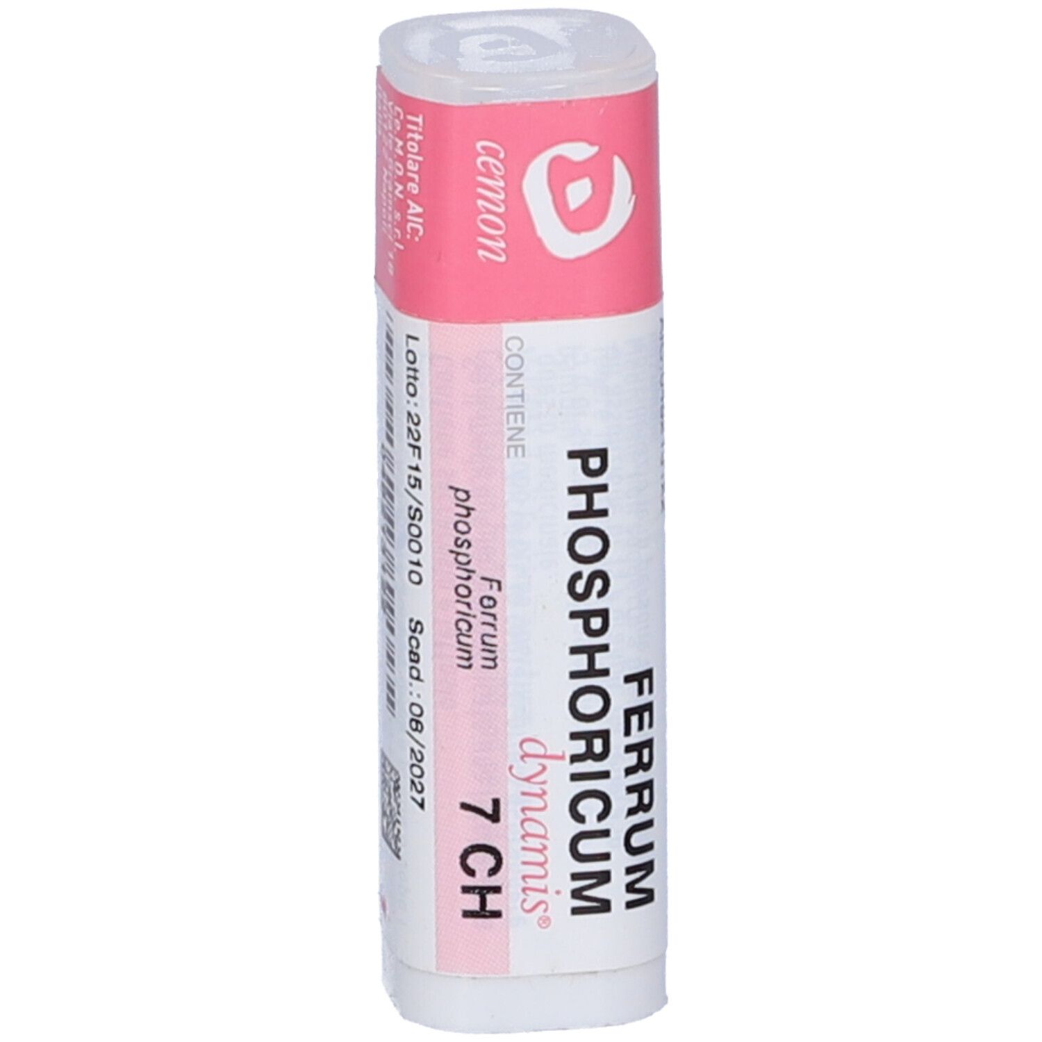 Confezione cilindrica con etichette rosa e bianche. Scritta: Ferrum Phosphoricum 7 CH.