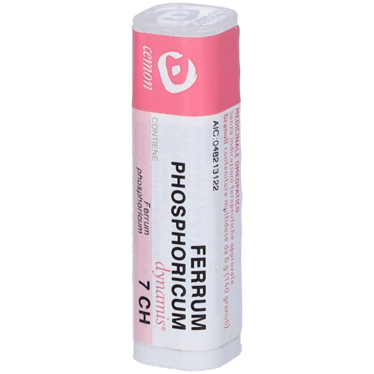 Confezione cilindrica con etichette rosa e bianche. Scritta: Ferrum Phosphoricum 7 CH.