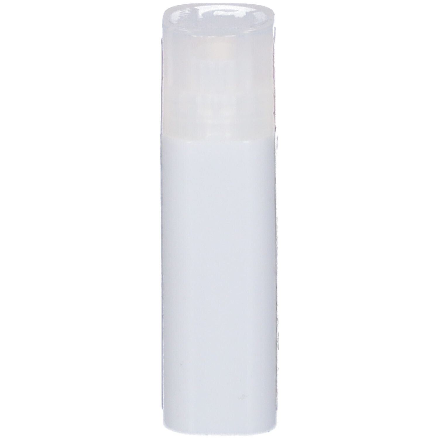 Flacone cilindrico trasparente con tappo bianco. Non contiene scritte o caratteristiche visibili.