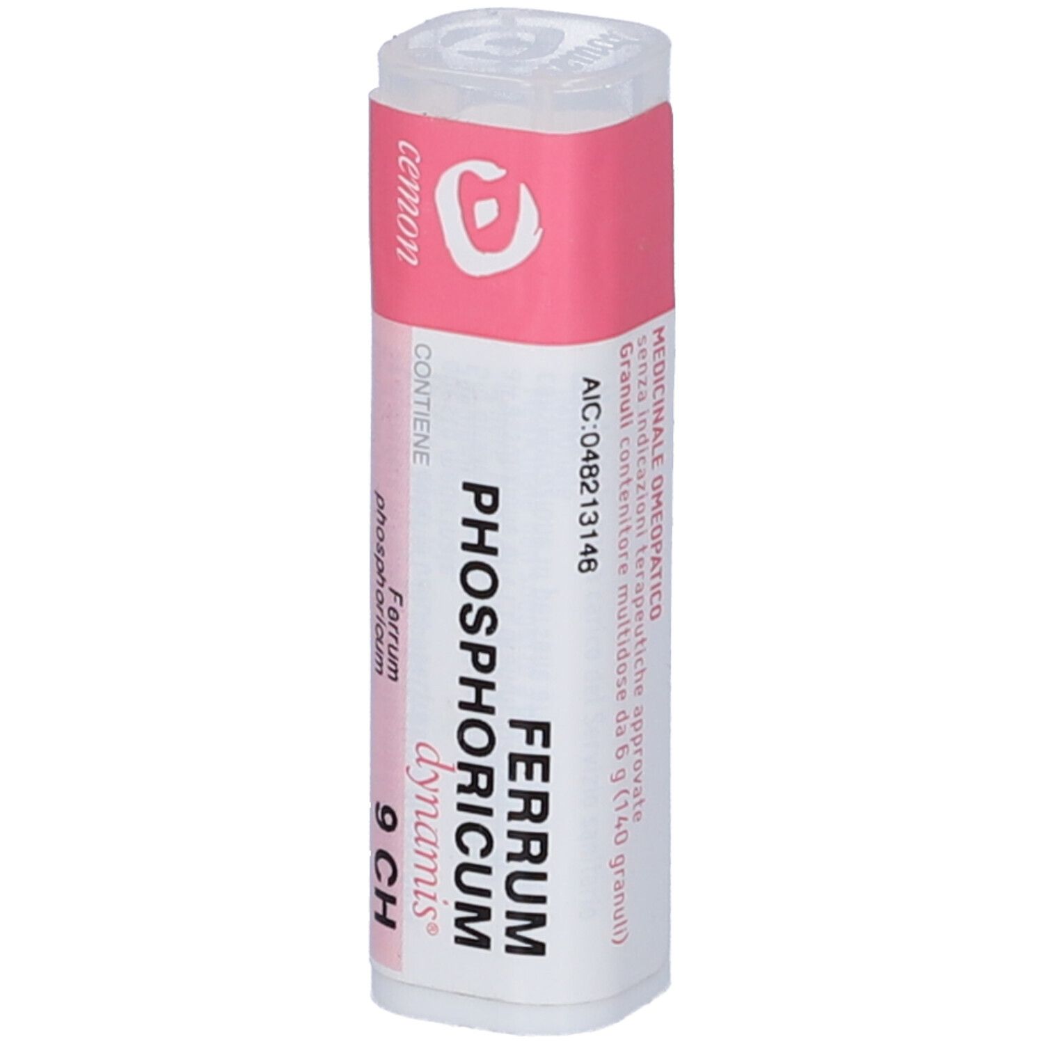 Confezione cilindrica multidose con etichetta rosa. Scritta: Ferrum phosphoricum dynamis 9 CH. Marchio: Cemon. Contiene 140 granuli.