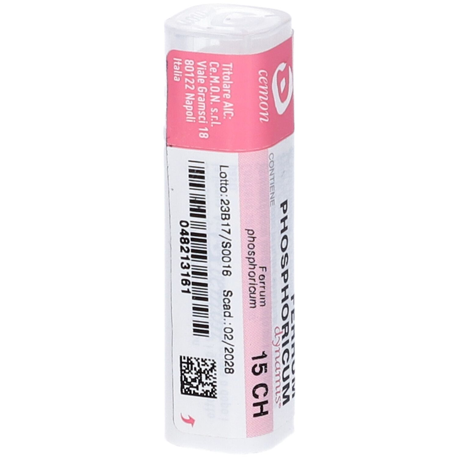 Contenitore cilindrico bianco con etichetta rosa. Scritta: Ferrum Phosphoricum dynamis 15 CH. Dettagli produttore, lotto e scadenza.