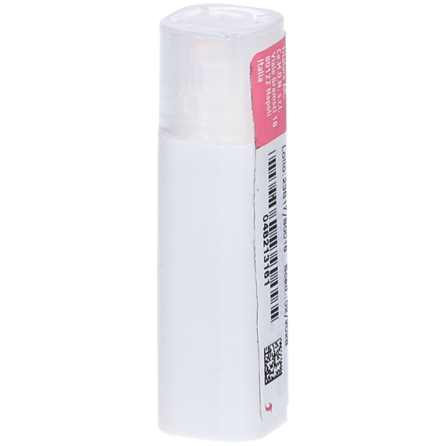 Contenitore cilindrico bianco con etichetta rosa. Informazioni sul produttore e codice QR sull'etichetta.