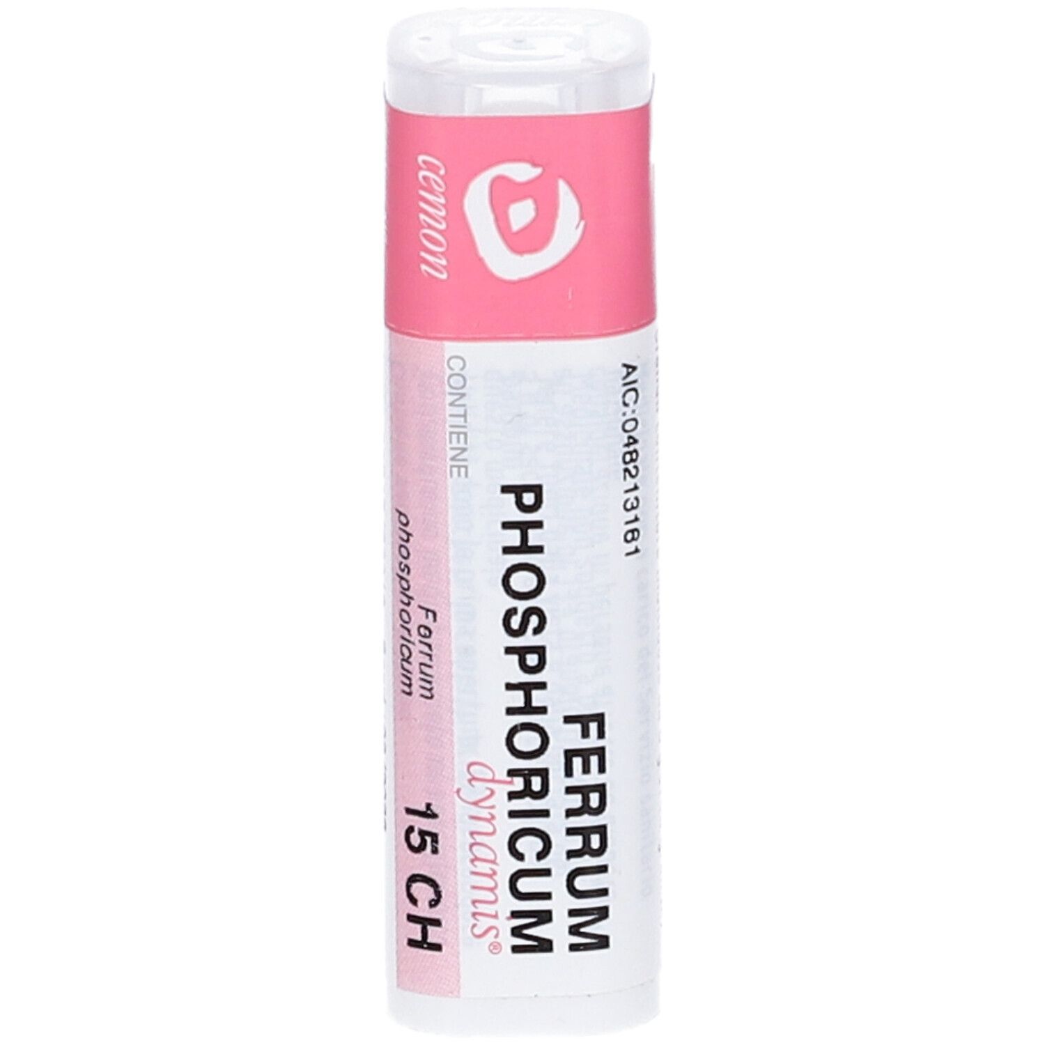 Contenitore cilindrico bianco con tappo ed etichetta rosa. Scritta: Ferrum Phosphoricum dynamis 15 CH. Marchio: Cemon.