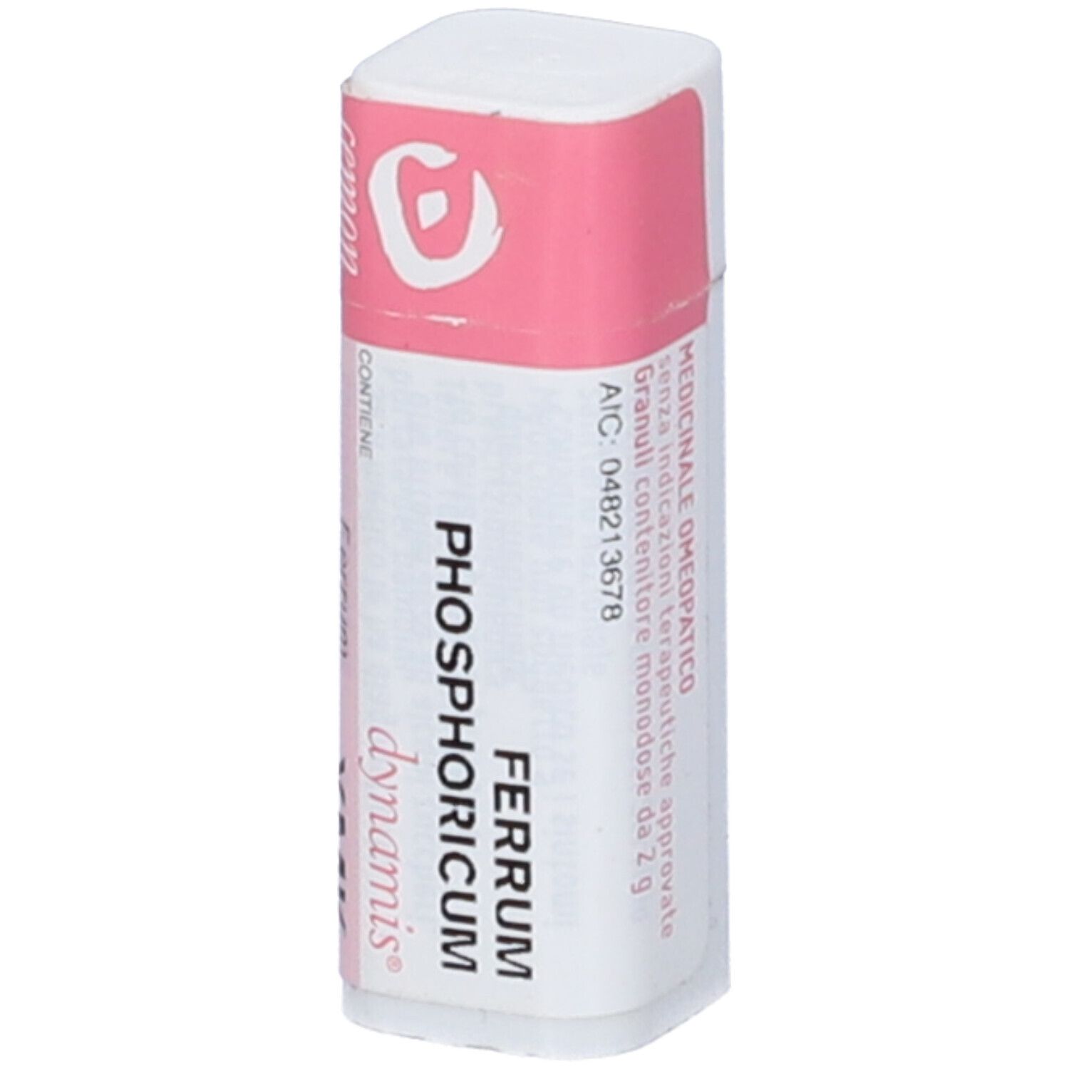 Confezione cilindrica. Scritte: Ferrum Phosphoricum, dynamis, XMK. Colori rosa e bianco.