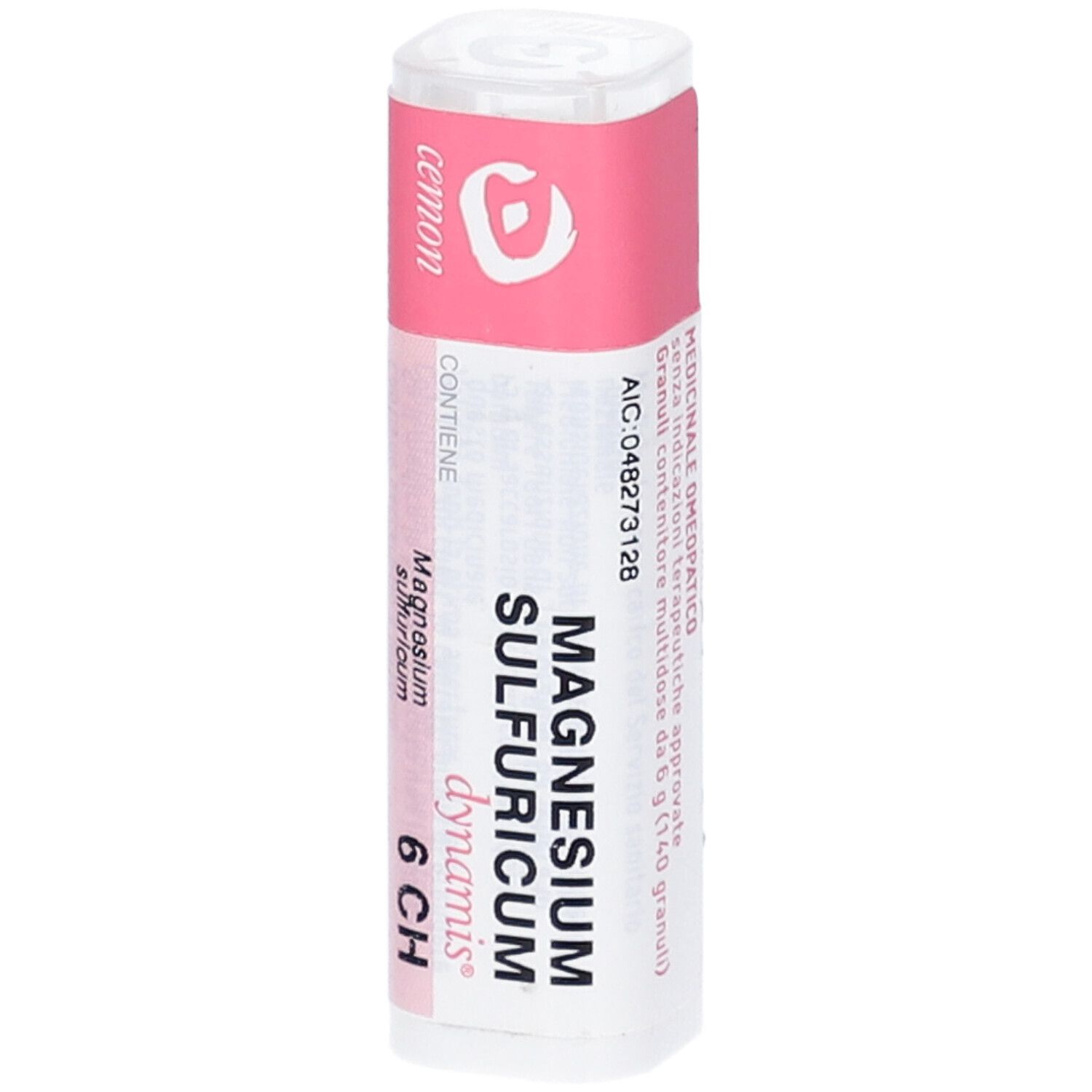 Confezione cilindrica con etichetta rosa. Scritte: Magnesium Sulfuricum 6 CH. Coperchio bianco.
