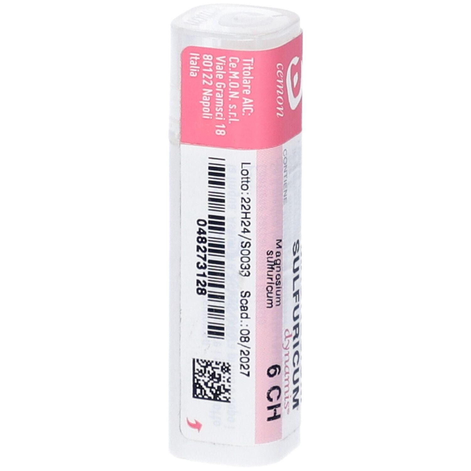 Confezione cilindrica con etichetta rosa. Scritte: Magnesium Sulfuricum 6 CH. Codice a barre e testo.
