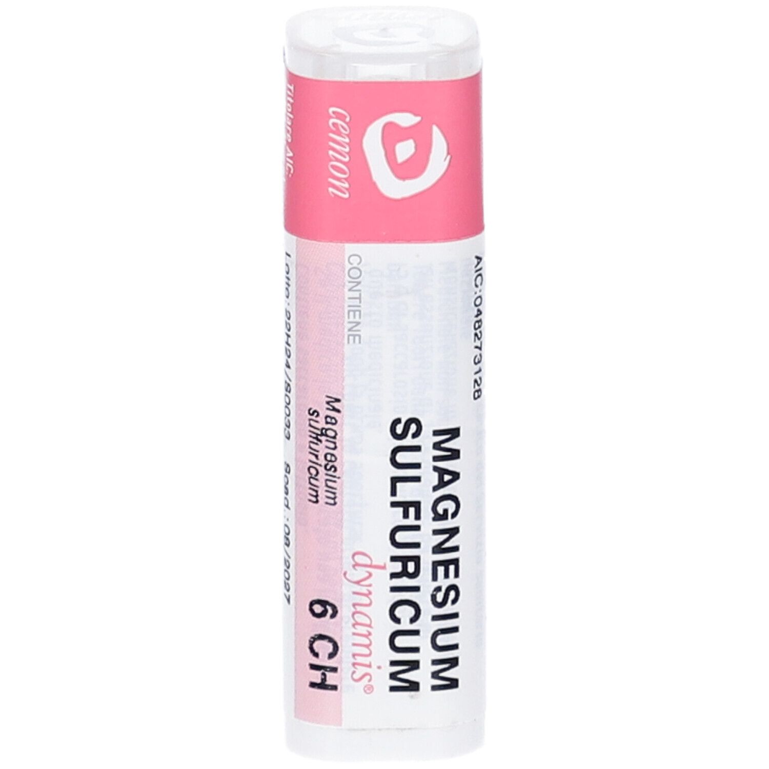 Confezione cilindrica con etichetta rosa. Scritte: Magnesium Sulfuricum 6 CH. Testo.