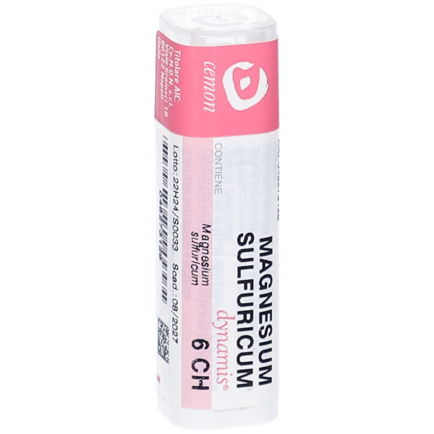 Confezione cilindrica con etichetta rosa. Scritte: Magnesium Sulfuricum 6 CH. Testo e codice a barre.