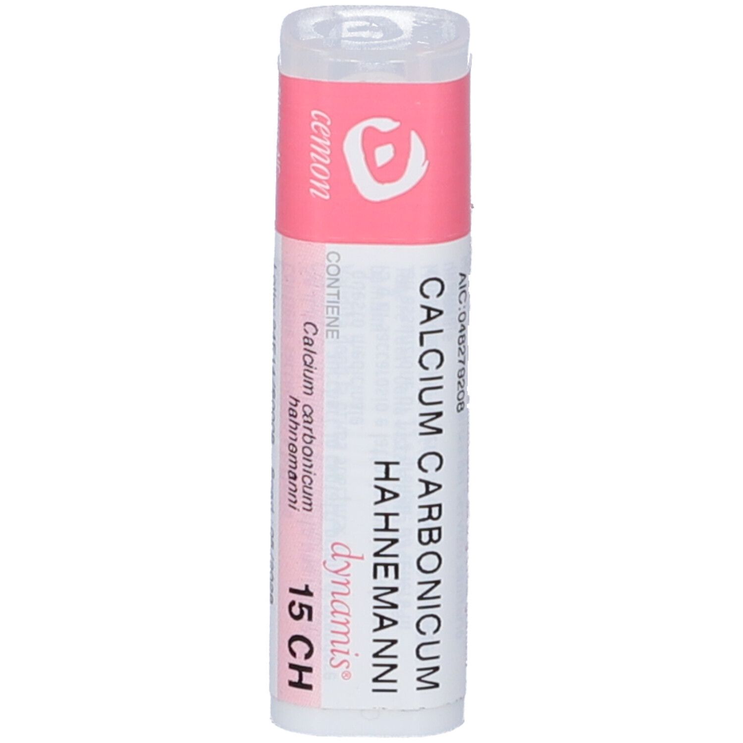 Confezione cilindrica con etichetta rosa. Scritta: Calcium Carbonicum Hahnemanni 15 CH. Marchio: cemon.