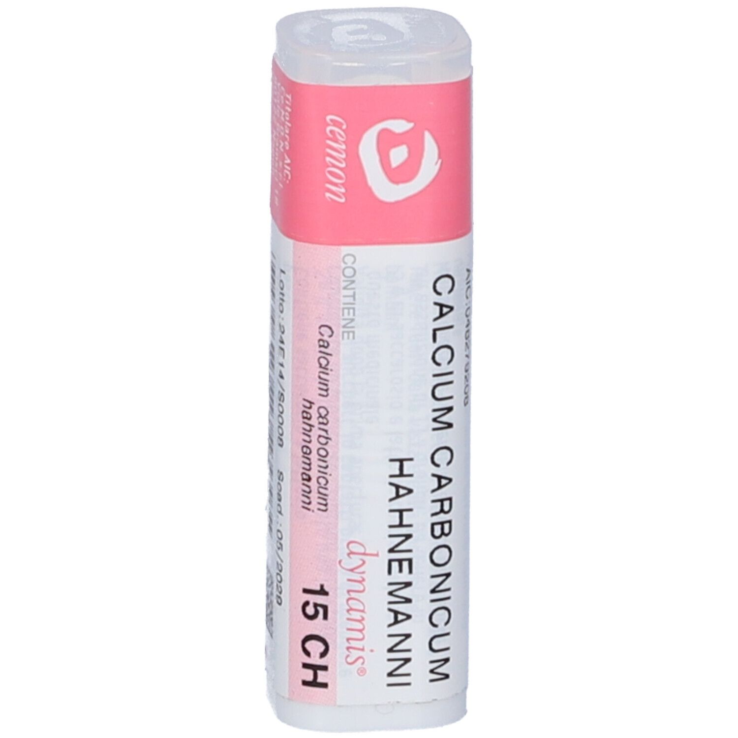 Confezione cilindrica con etichetta rosa. Scritta: Calcium Carbonicum Hahnemanni 15 CH. Marchio: cemon.