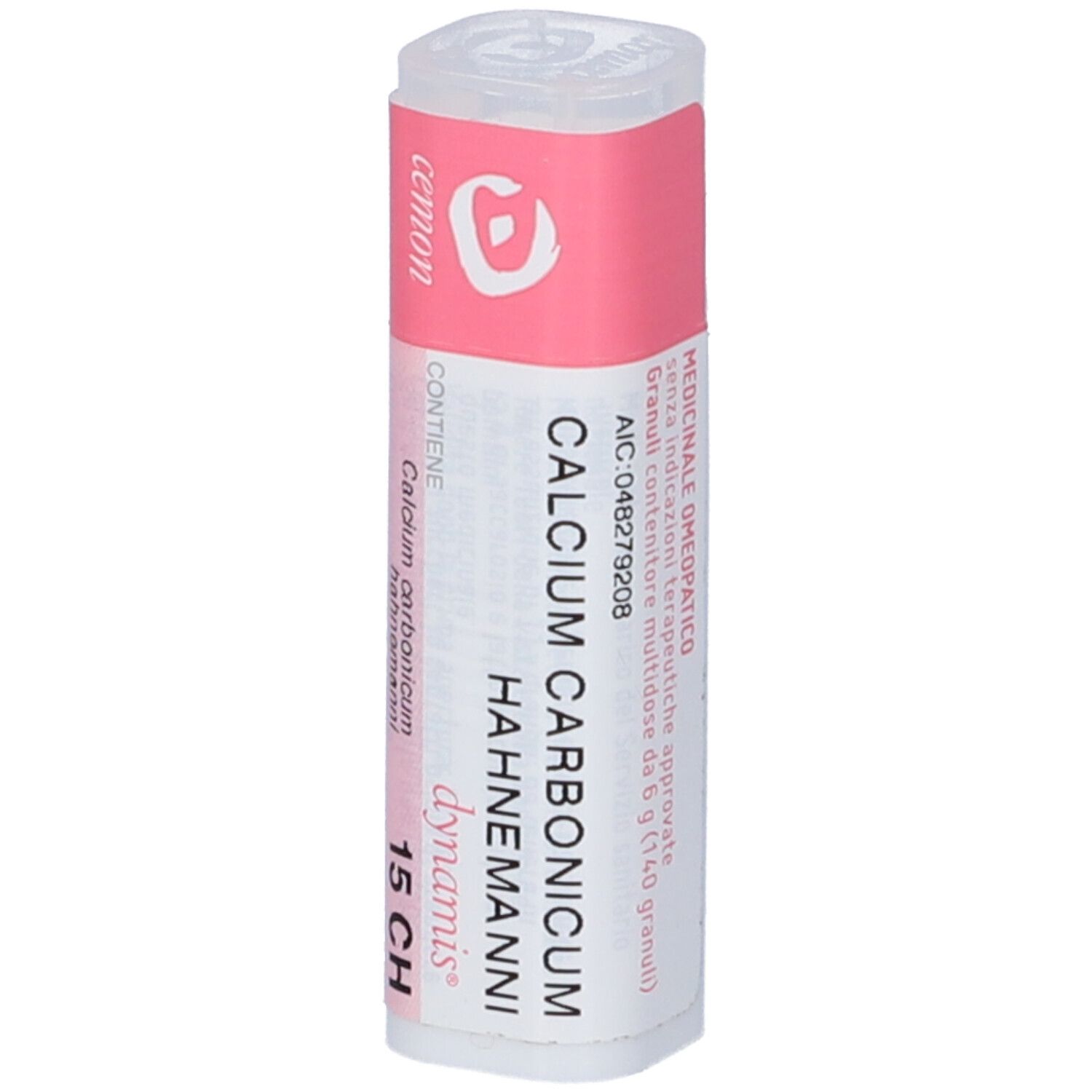 Confezione cilindrica con etichetta rosa. Scritta: Calcium Carbonicum Hahnemanni 15 CH. Marchio: cemon.