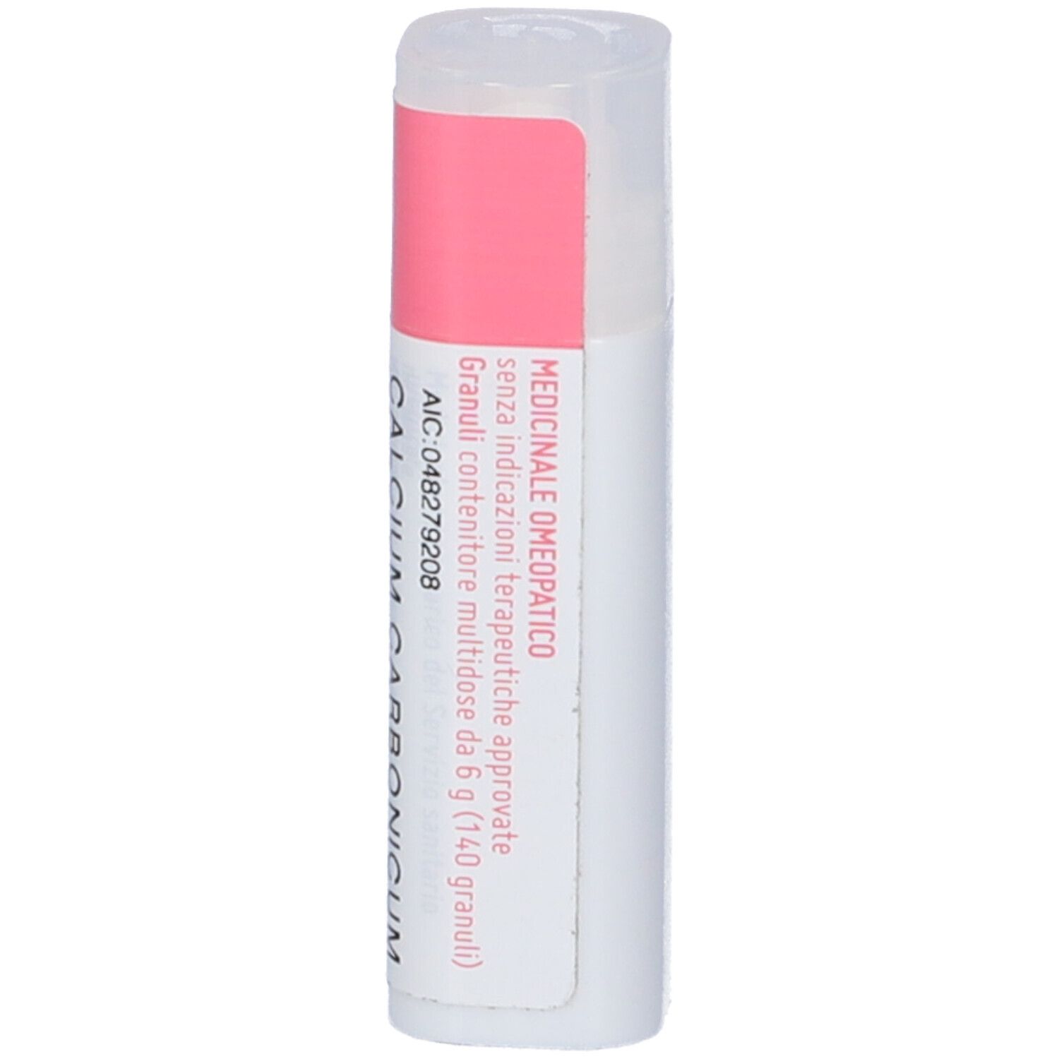 Confezione cilindrica con etichetta rosa. Scritta: Calcium Carbonicum Hahnemanni. Marchio: cemon.