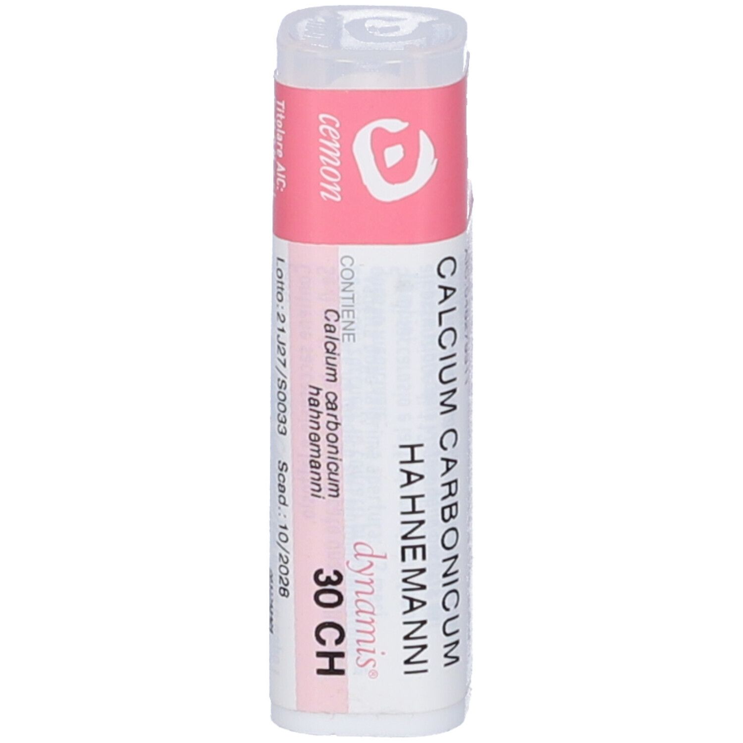Flacone bianco con etichetta rosa. Scritte: Calcium Carbonicum Hahnemanni 30 CH, cemon, dynamis. Tappo trasparente.